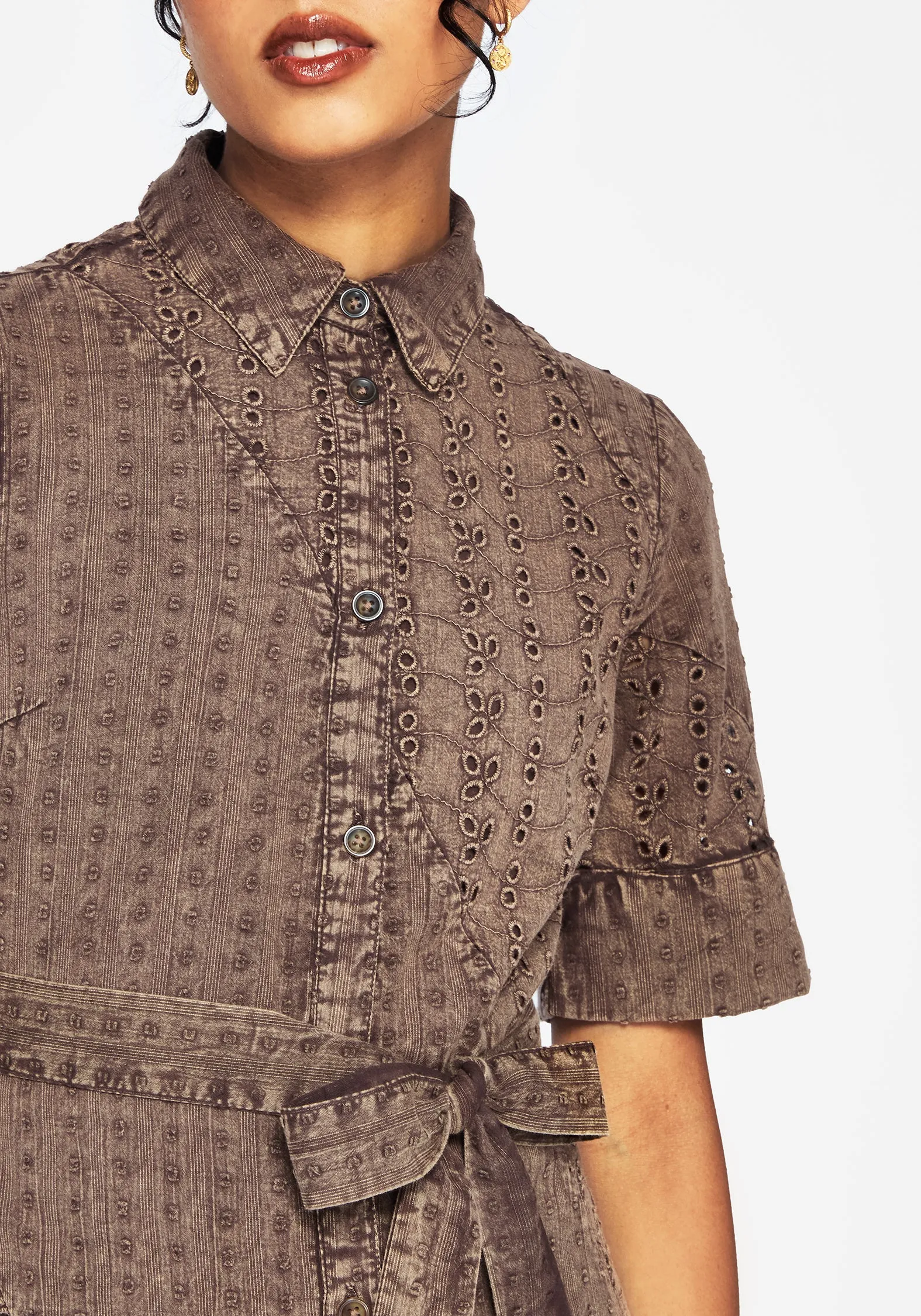 Summerisle Cotton Broderie Detail Tie Wrap Midi Shirt Dress Smart Wear
