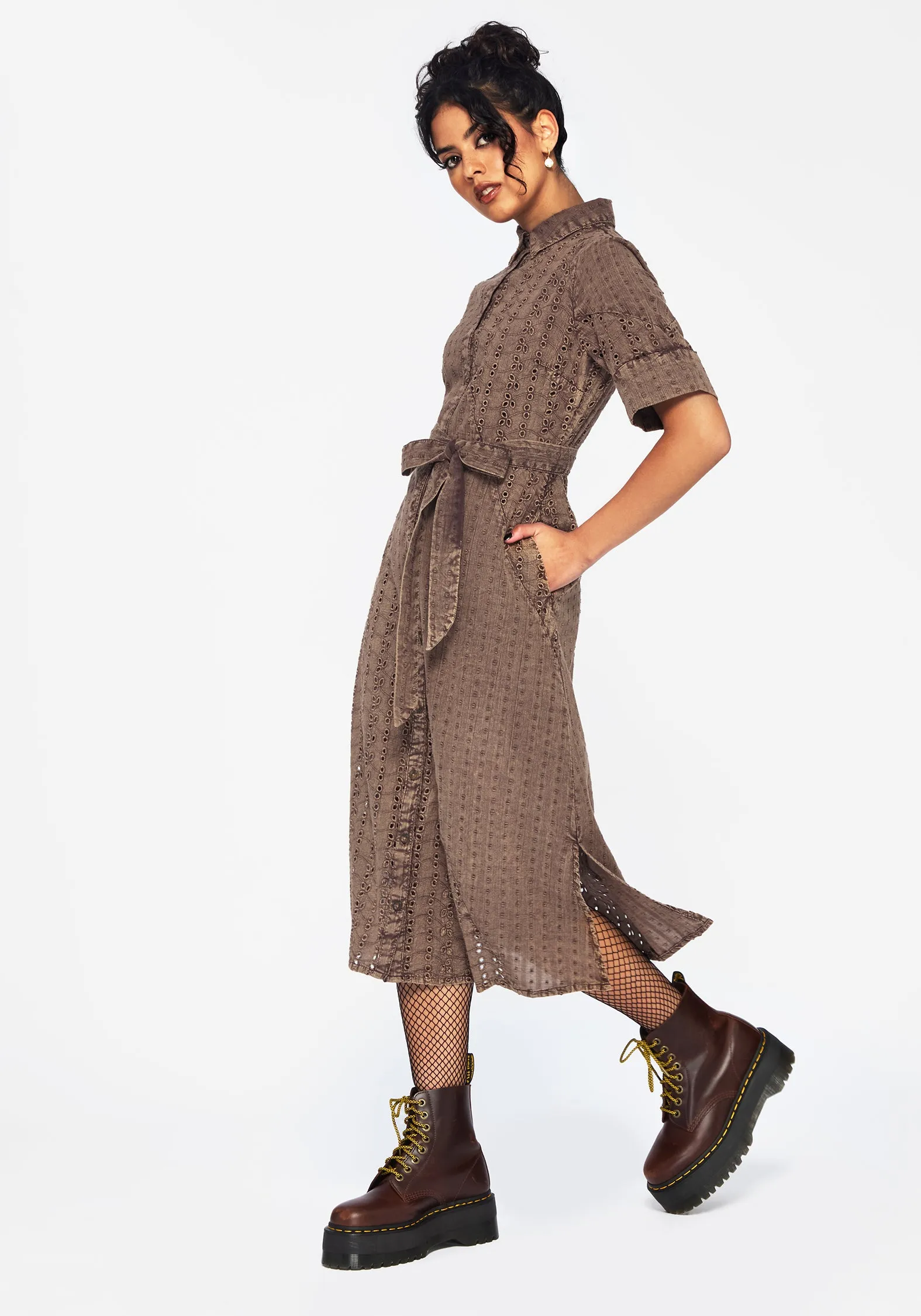 Transitional Style Summerisle Cotton Broderie Detail Tie Wrap Midi Shirt Dress