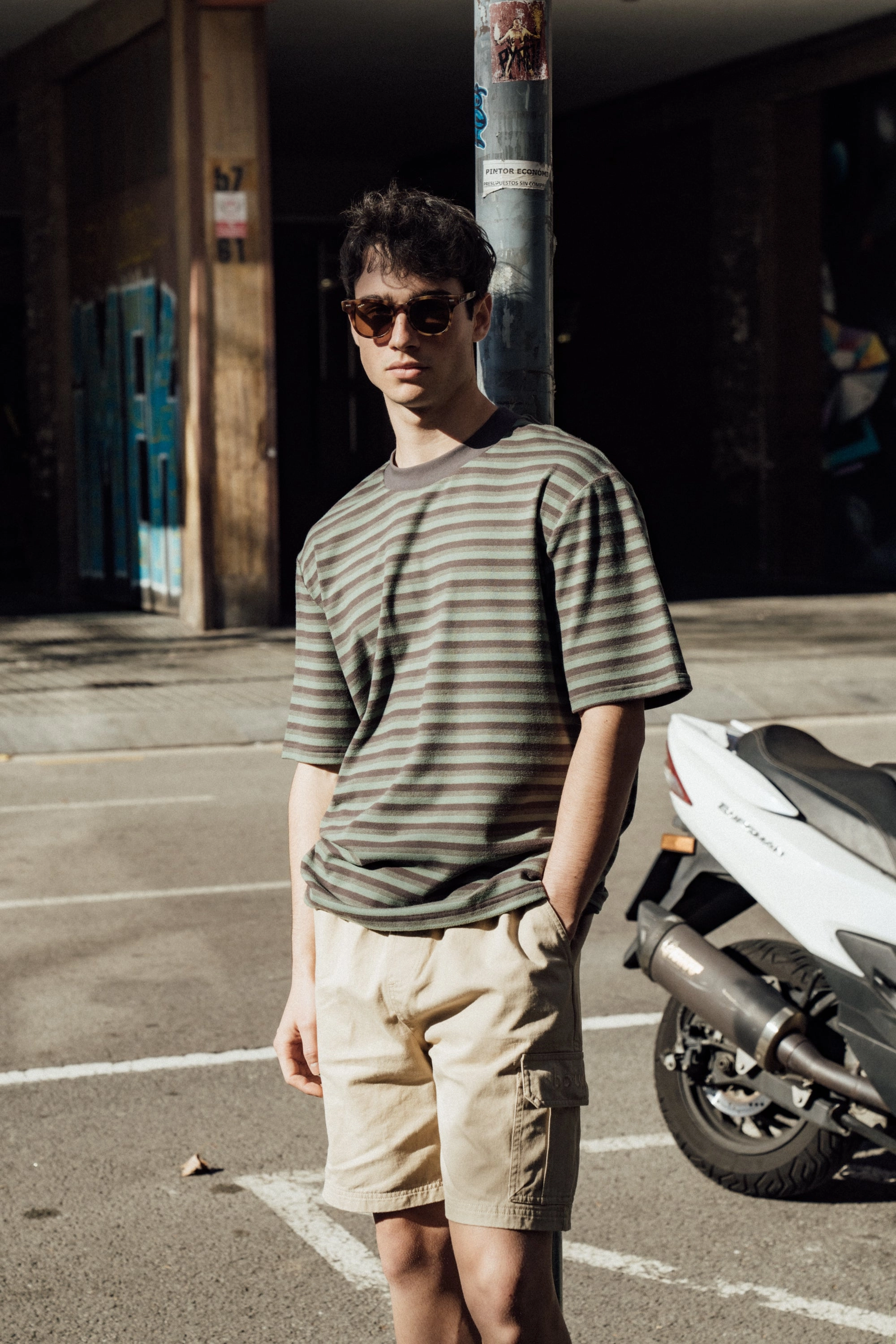 Garment Dyed Finish Elderly clothing bound Peached Stripe Tee - Charcoal & Sage