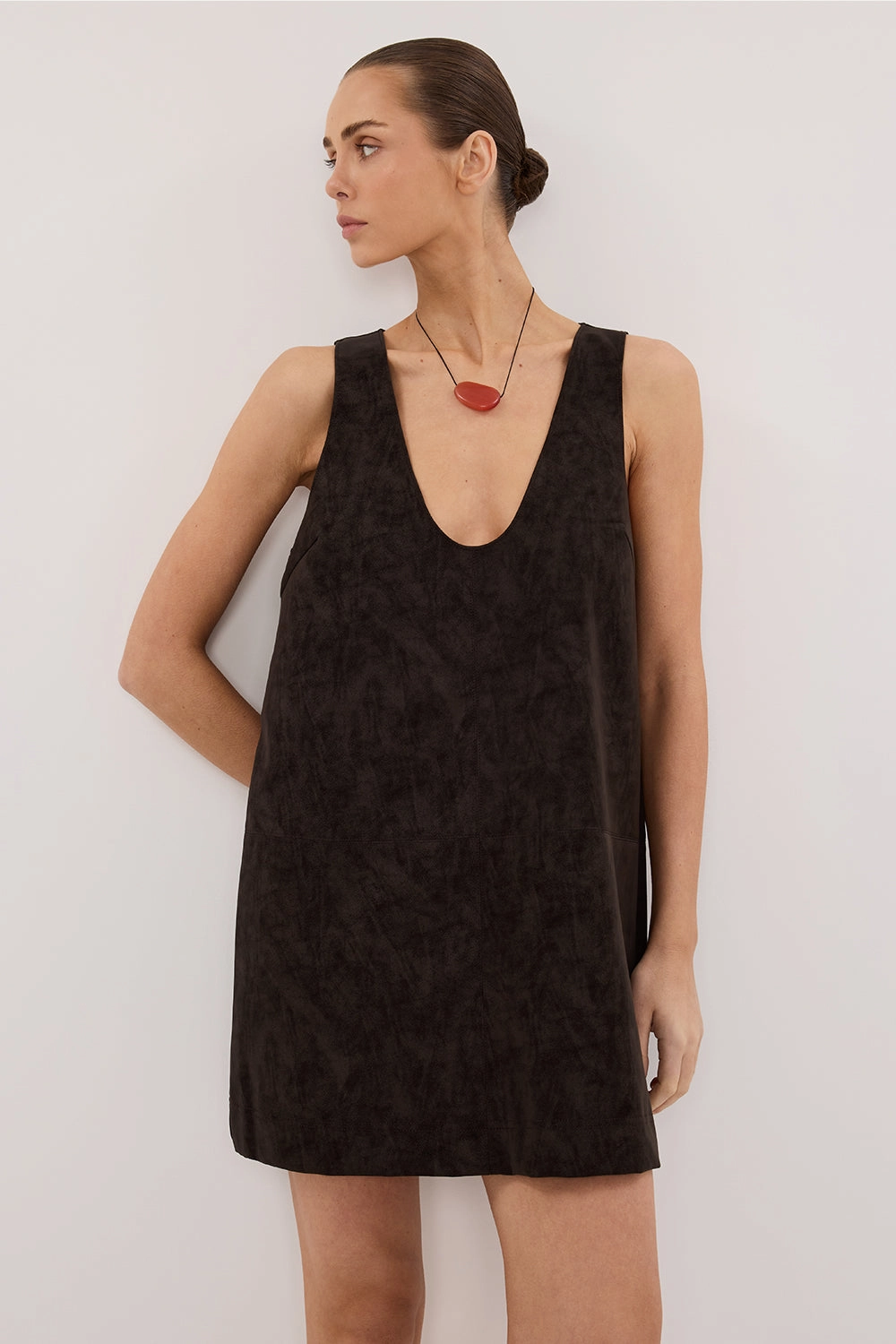 OAKLAND CHOC FAUX SUEDE MINI DRESS One-Shoulder Breath Ease