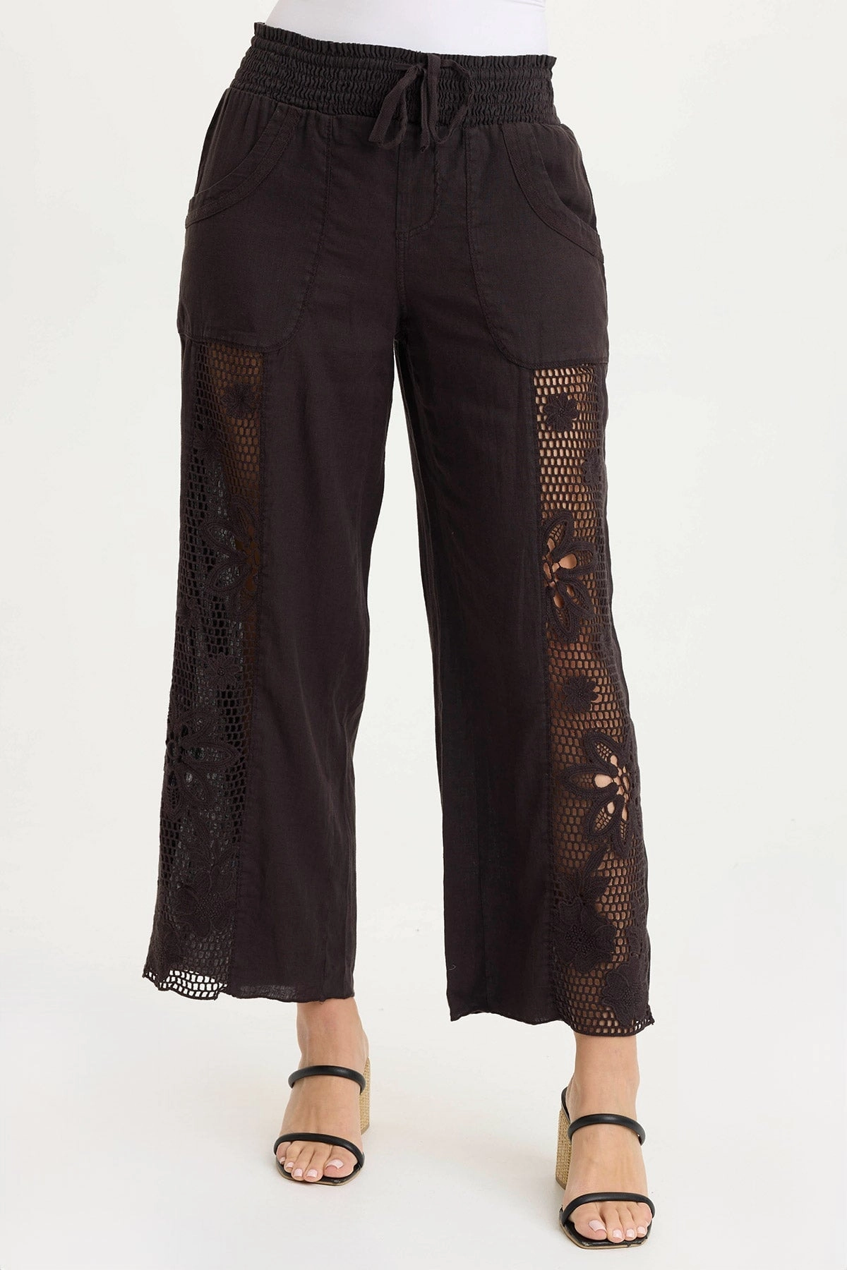 Flattering Comfort Corduroy texture Rokel Linen/Crochet Ruched Wide Leg Pant