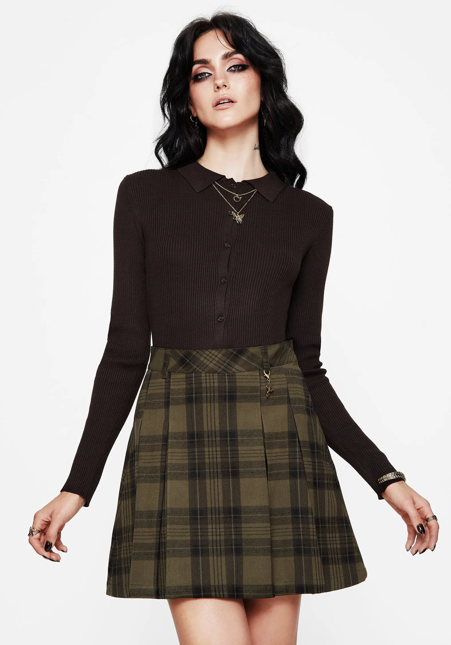 Cecily Check Pleated Mini Skirt With Frog Charm Detachable Detail Side Slit