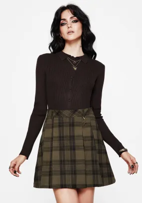 Cecily Check Pleated Mini Skirt With Frog Charm Detachable Detail Side Slit