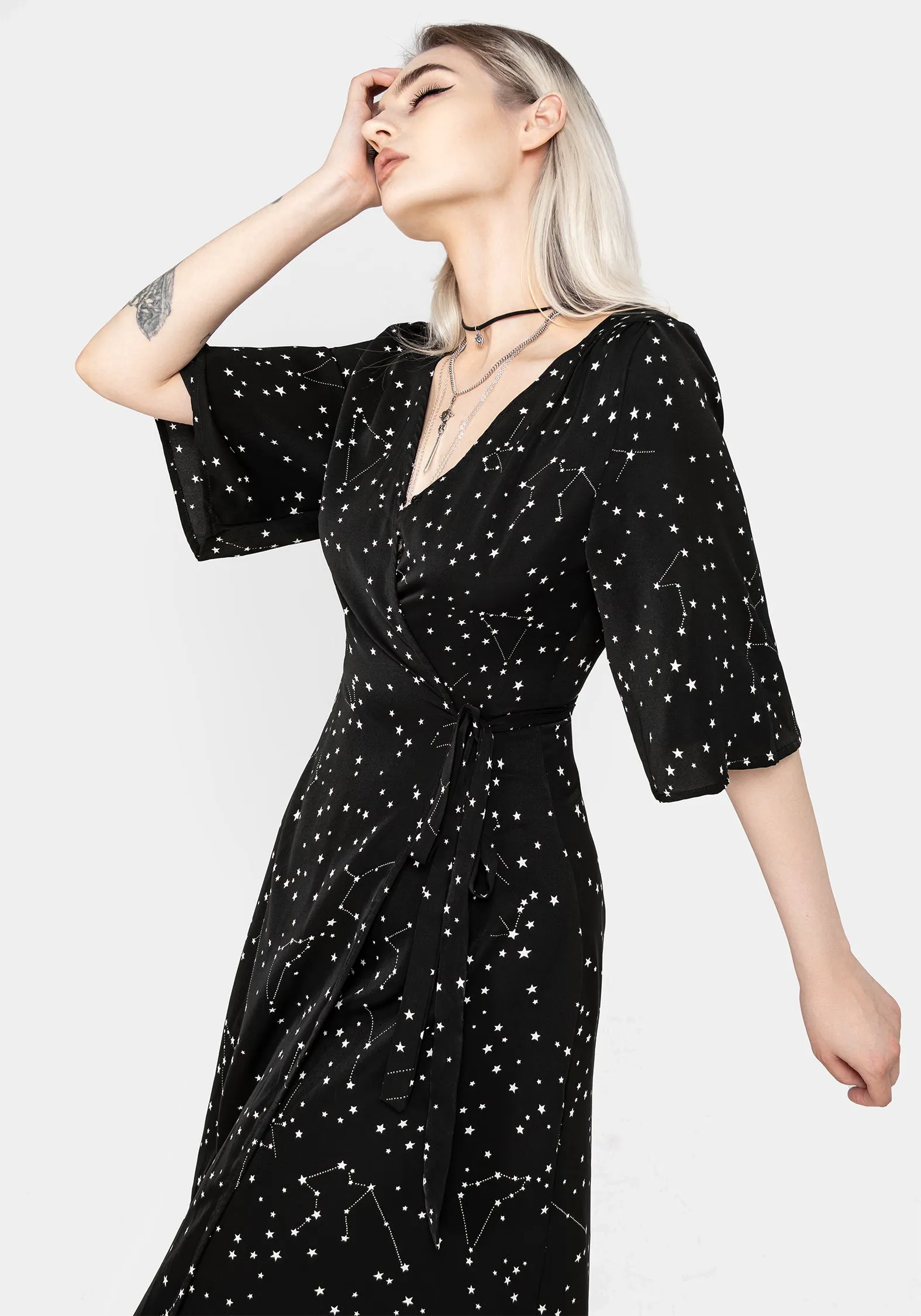 Raw-Hem Casual Fit Celestial Midi Kimono Dress