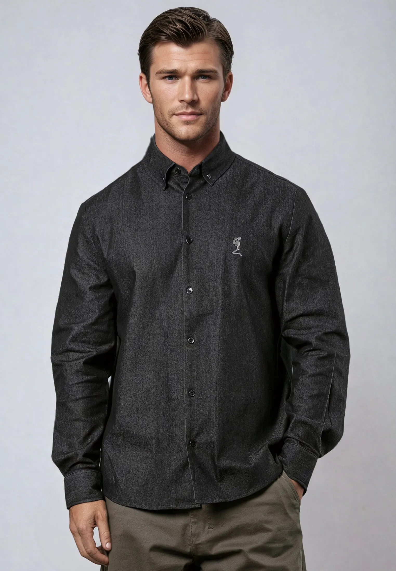 CHAMBRAY BUTTON DOWN SHIRT CHARCOAL Tailored Silhouette