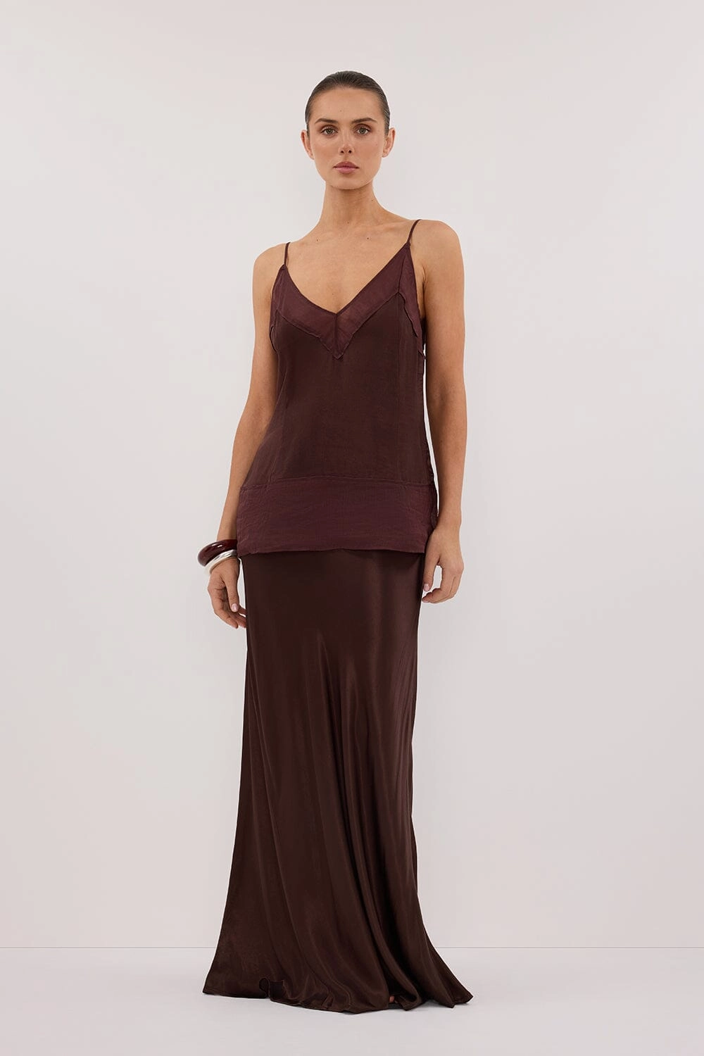 Light Flow CHARLI BITTER CHOC SATIN MAXI SKIRT