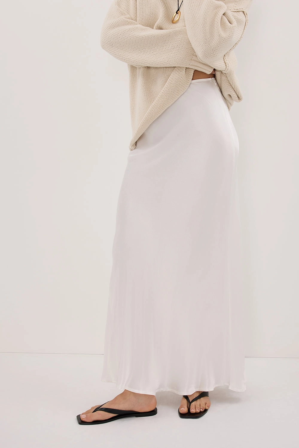 Laser cut Travel Ease CHARLI WHITE SATIN MAXI SKIRT