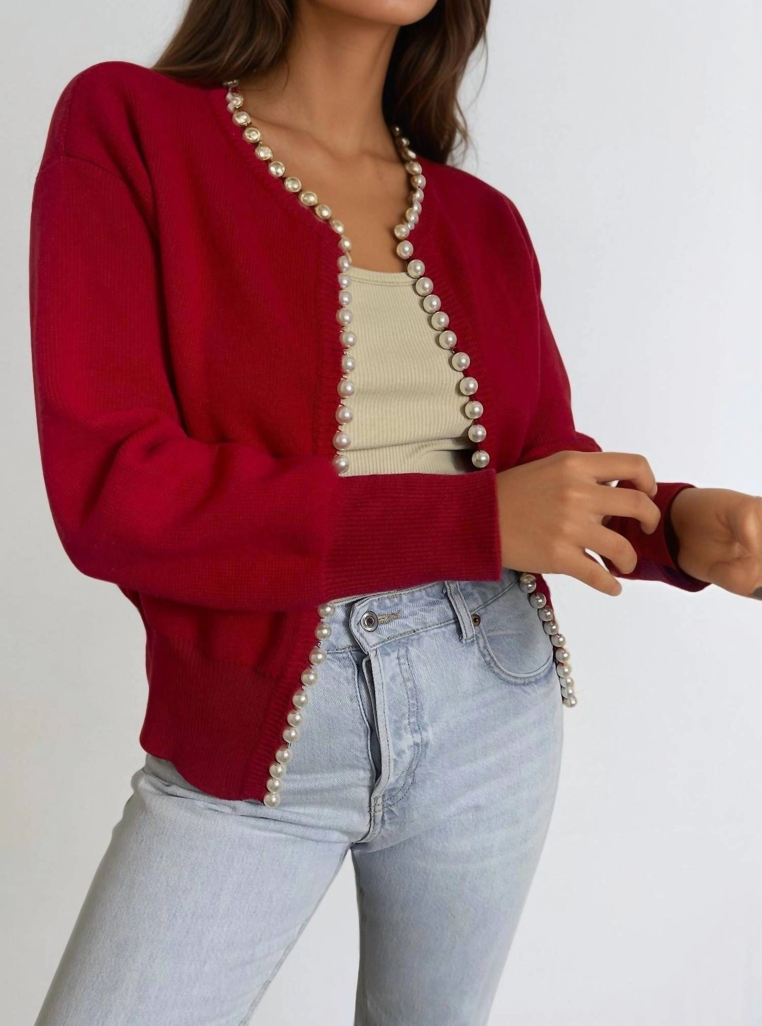 Charlotte Pearl Trim Cardigan In Red Drop Shoulder