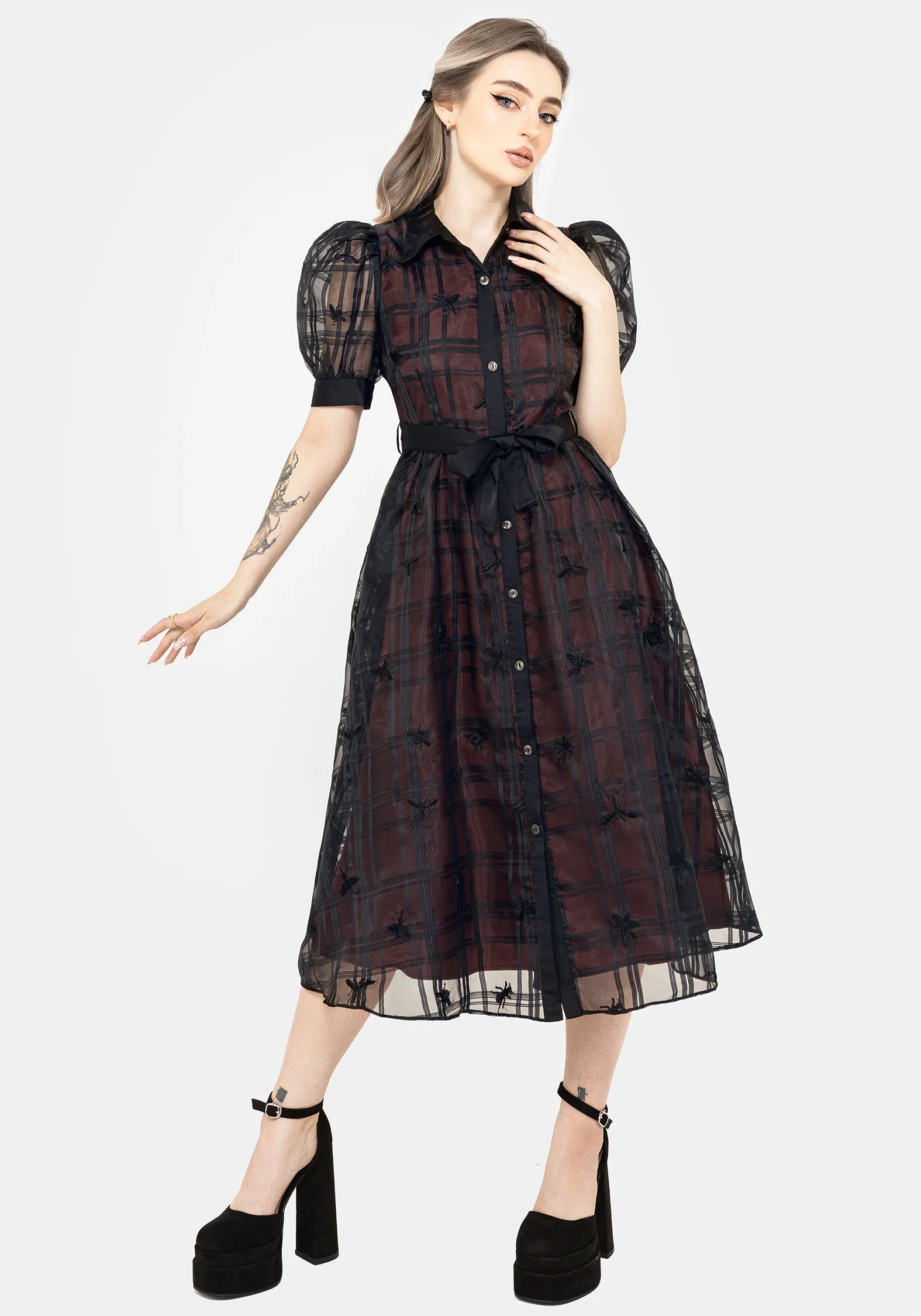 AntiStaticMaterial Sedona Organza Check Embroidered Puff Sleeve Midi Shirt Dress