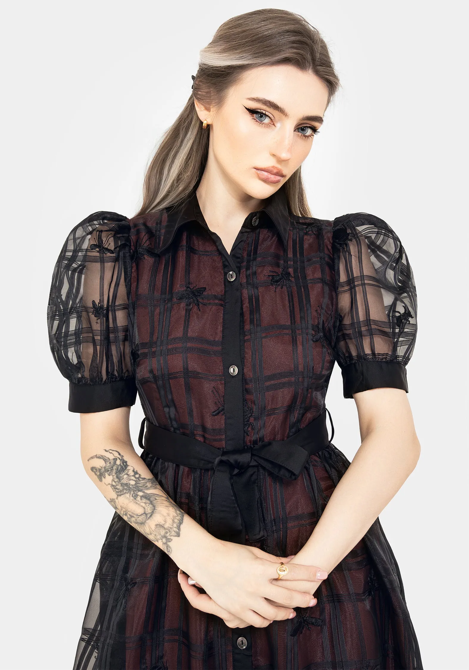 Comfy Fit Wear Sophisticated Touch Sedona Organza Check Embroidered Puff Sleeve Midi Shirt Dress