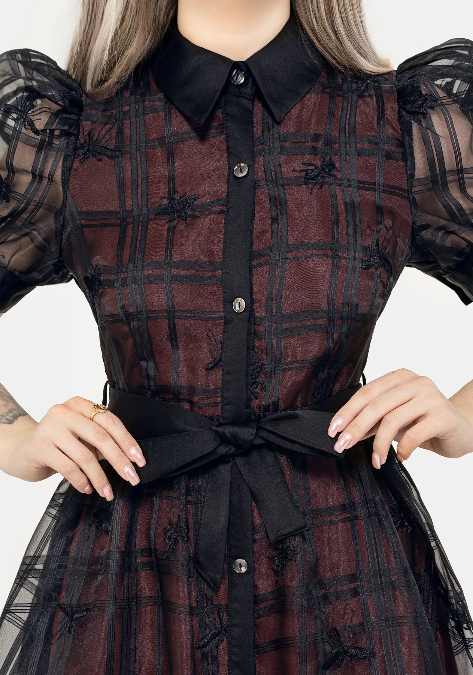 Sedona Organza Check Embroidered Puff Sleeve Midi Shirt Dress Relax Layers Youthful Mood
