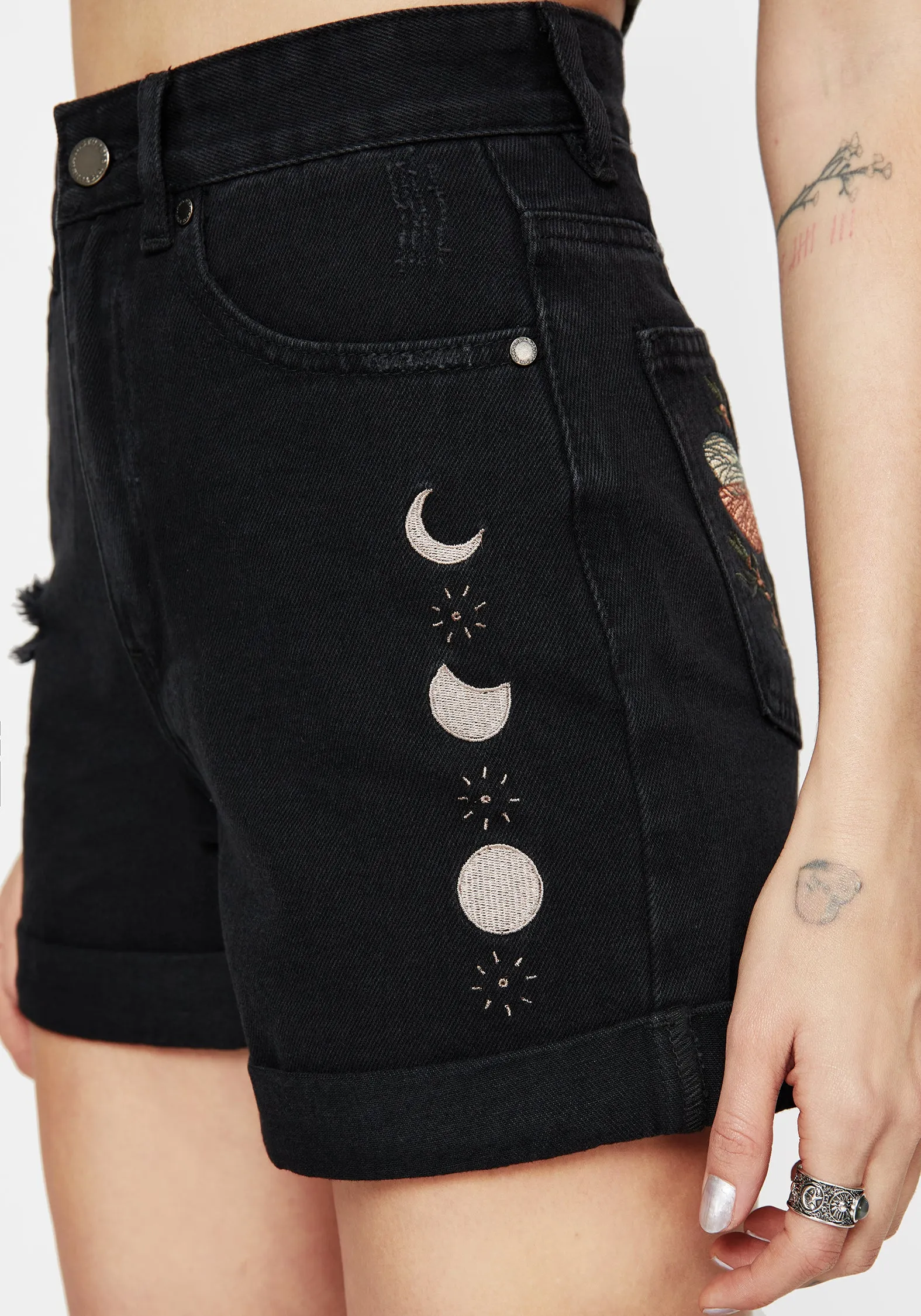 Quick Dry Technology comfortable attire Griffinfly Embroidered Distressed Denim Shorts