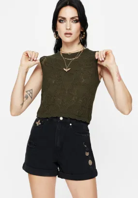 Griffinfly Embroidered Distressed Denim Shorts Camping Gear