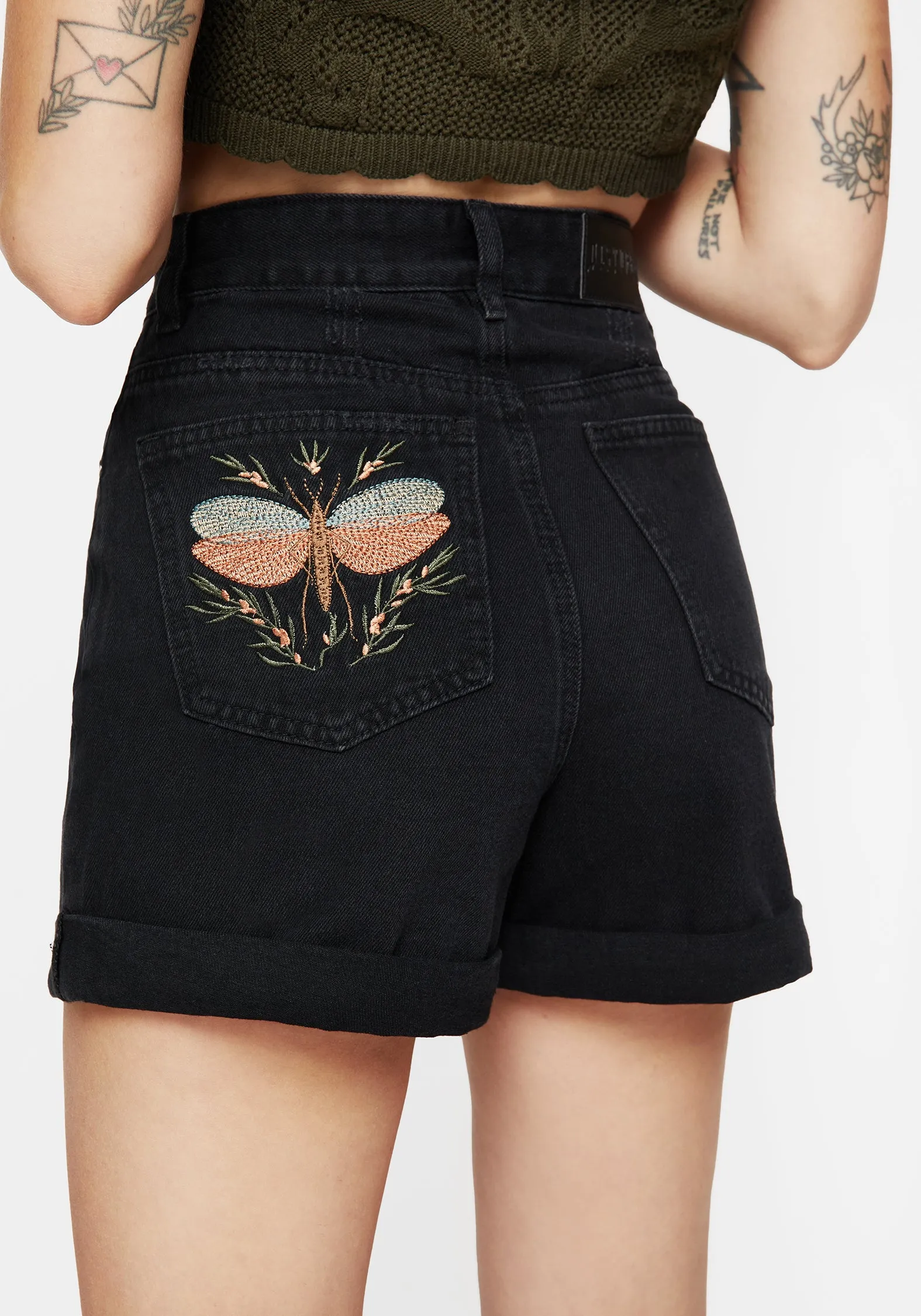 Griffinfly Embroidered Distressed Denim Shorts Cargo Pockets