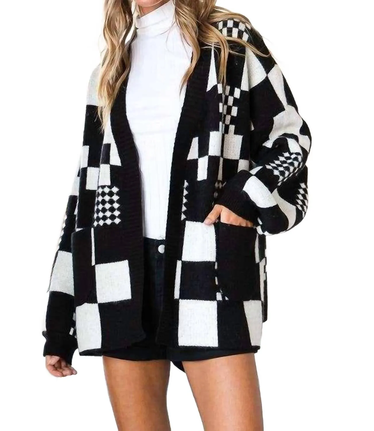 Checkered Color Block Open Midi Sweater With Pockets In Black Chilly Comfort