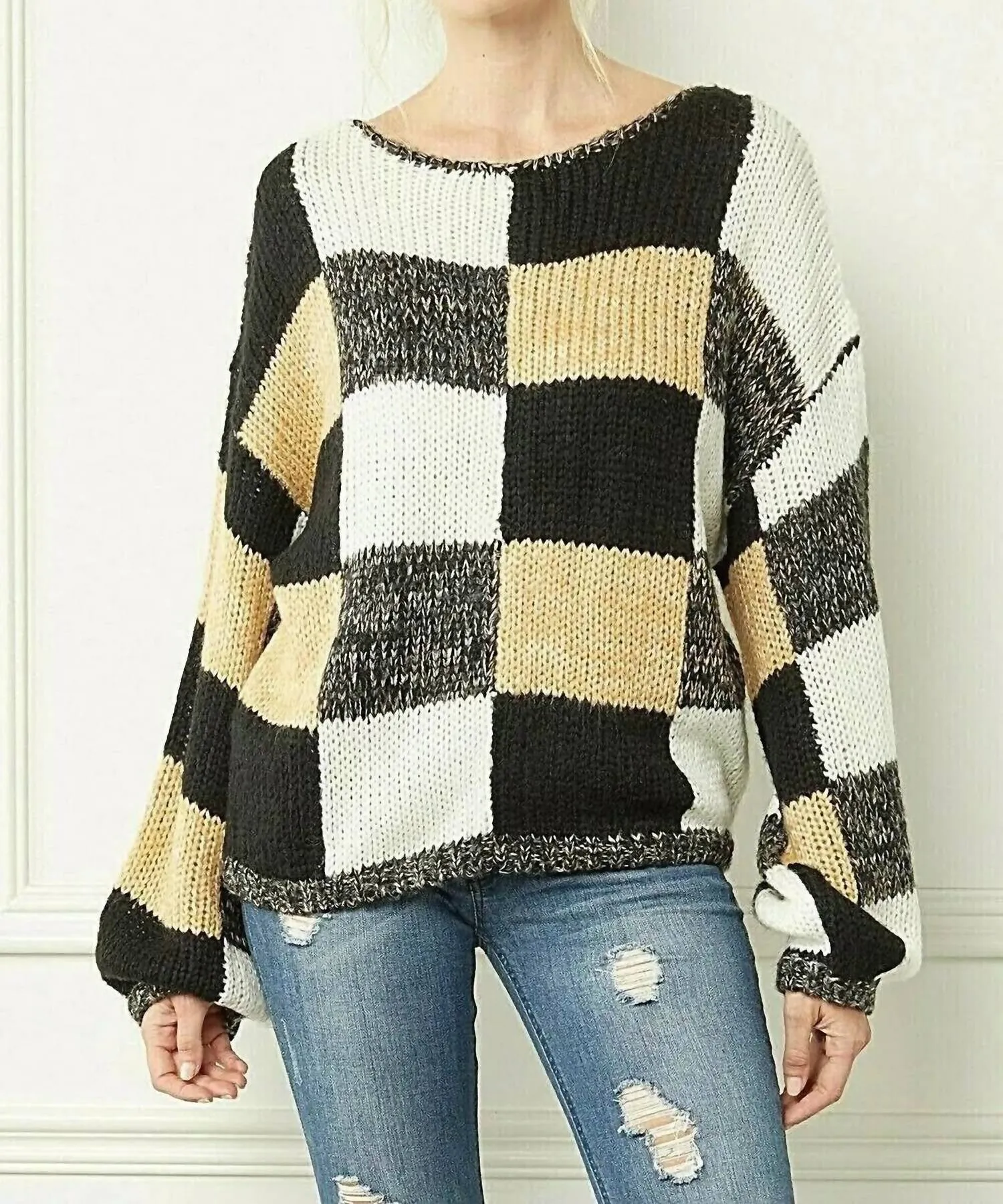 Checkered Plaid Sweater In Black Multi Windproof Weave Chilly Layer Look
