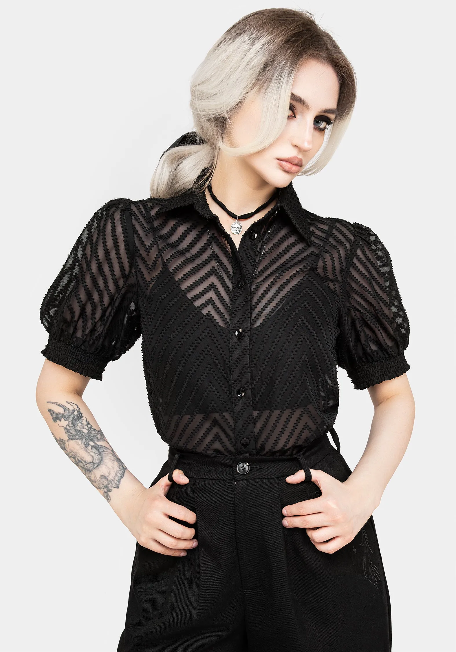 UV Protective Fabric High Street Fashion Chevron Button Up Blouse Top