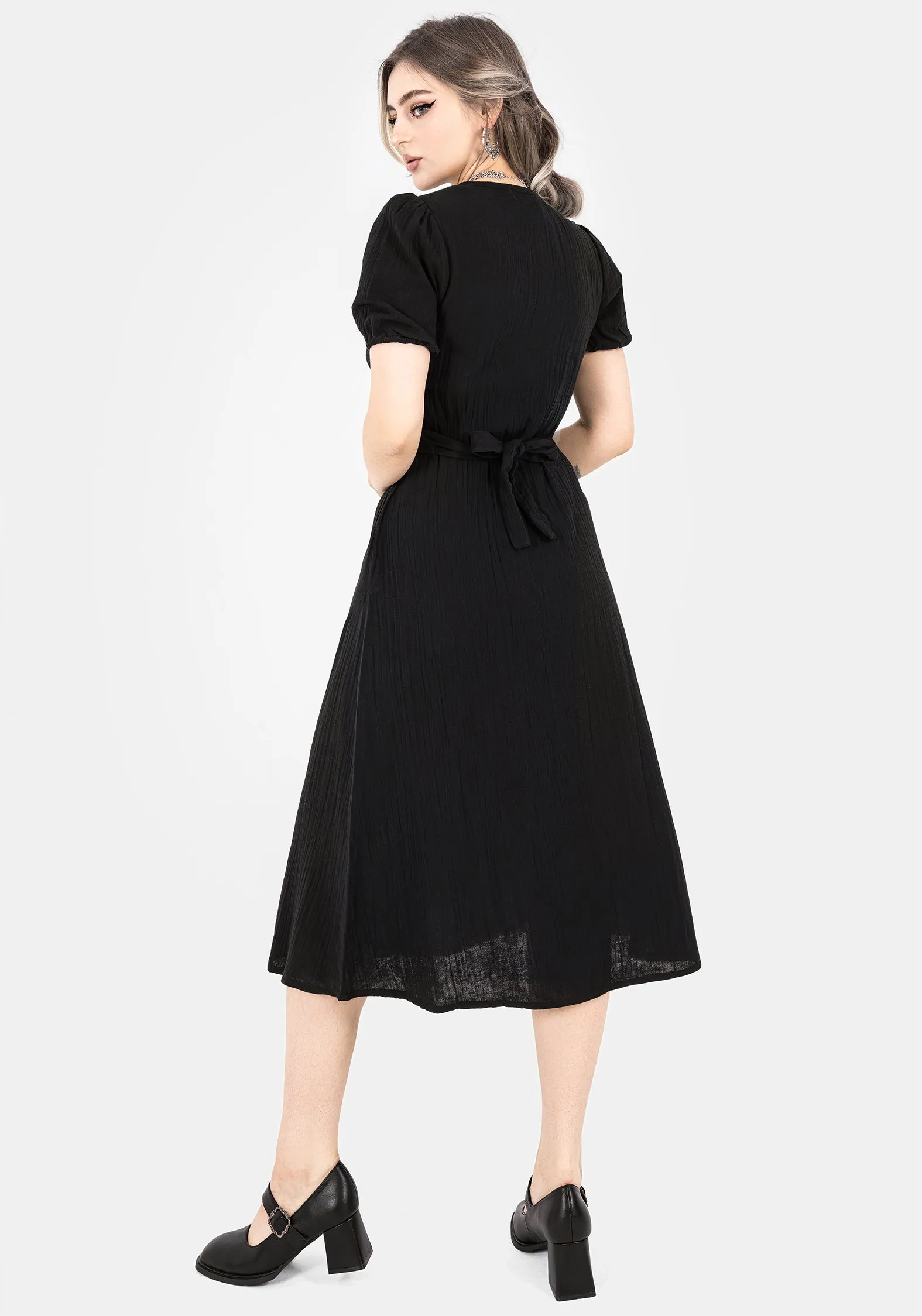 Perfect Look Easy Vibe Poultice Embroidered Cotton Midi Dress - Black