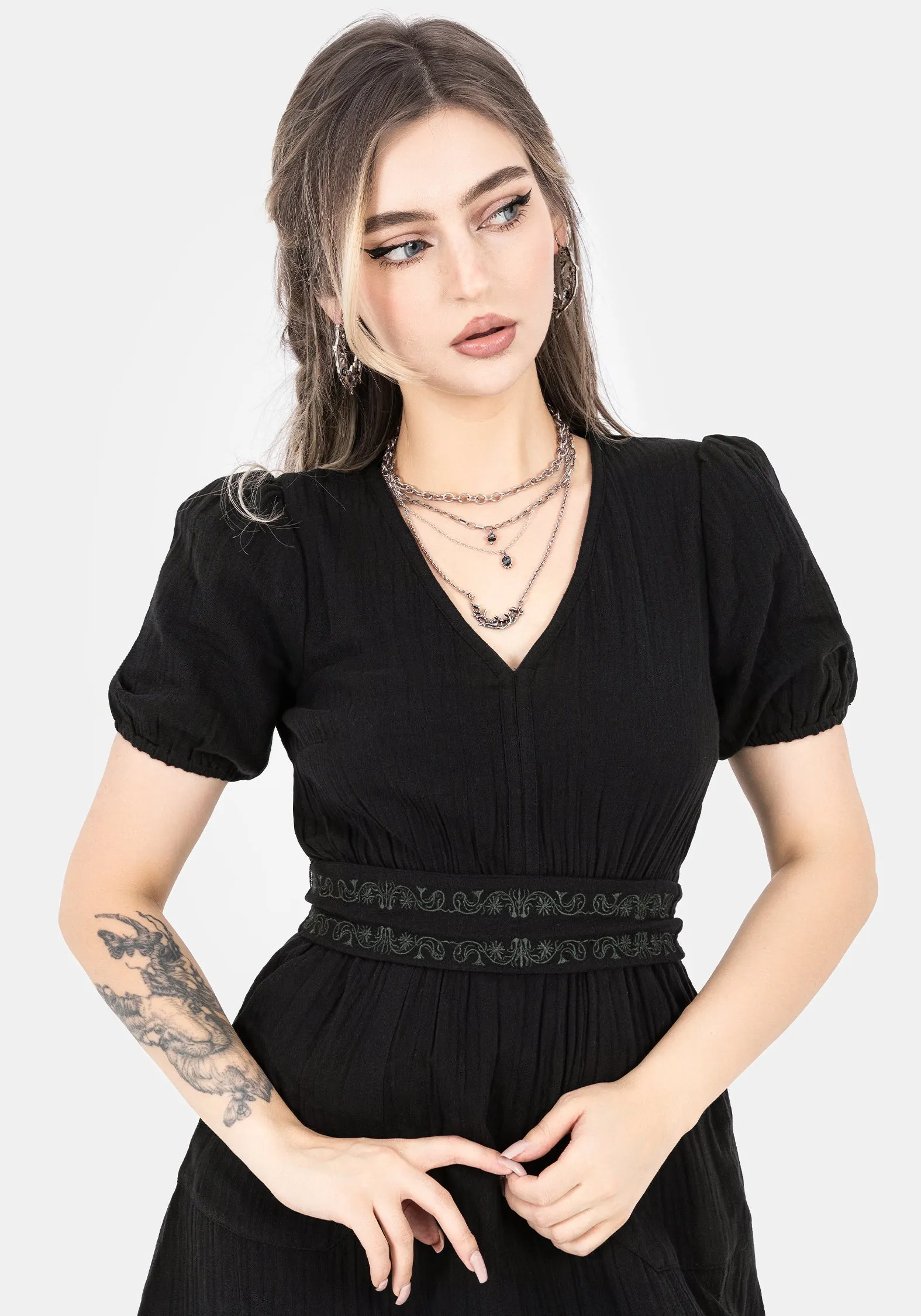 Poultice Embroidered Cotton Midi Dress - Black Flared-Hem Urban Look