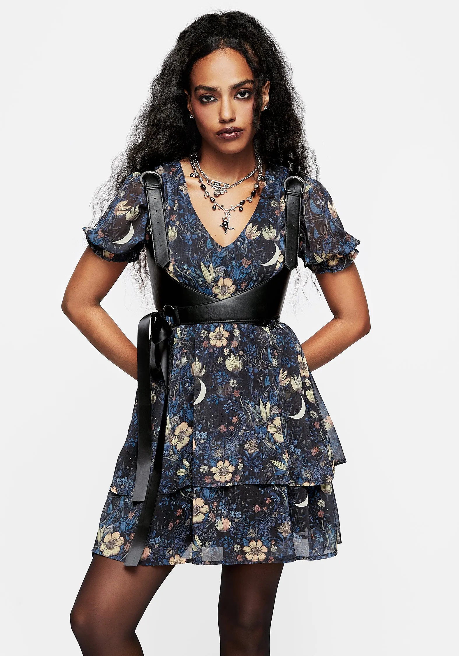 Primrose Floral Chiffon Puff Sleeve Layered Mini Dress Satin Layers