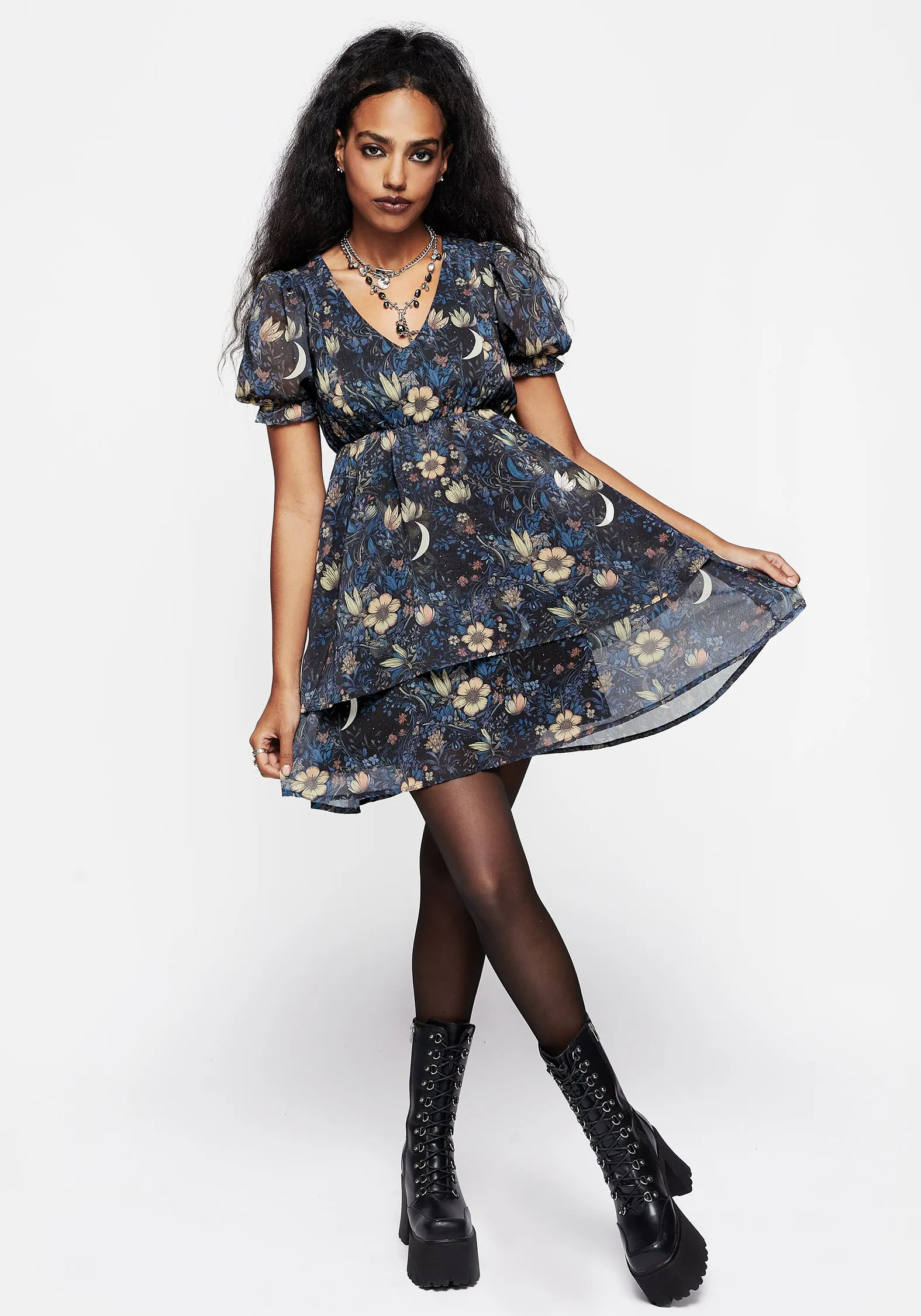 Oversized-Fit Simple Chic Primrose Floral Chiffon Puff Sleeve Layered Mini Dress