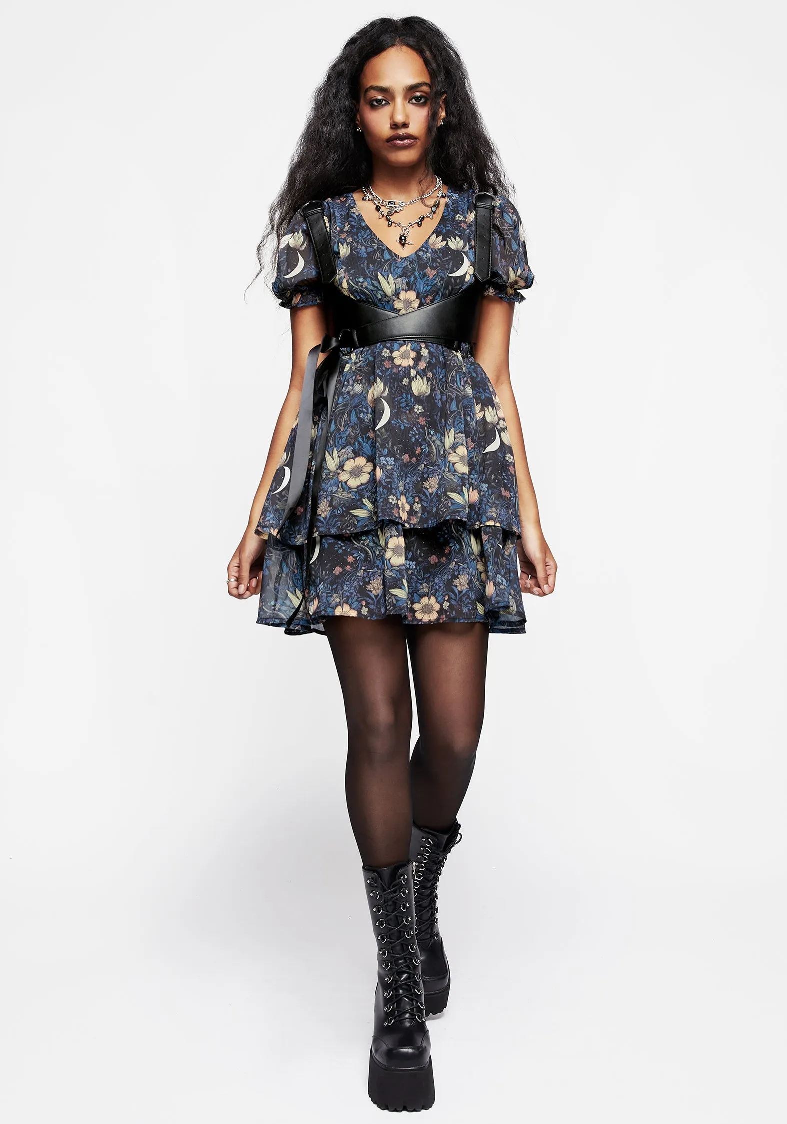 Primrose Floral Chiffon Puff Sleeve Layered Mini Dress Color-Blocked Fresh Energy