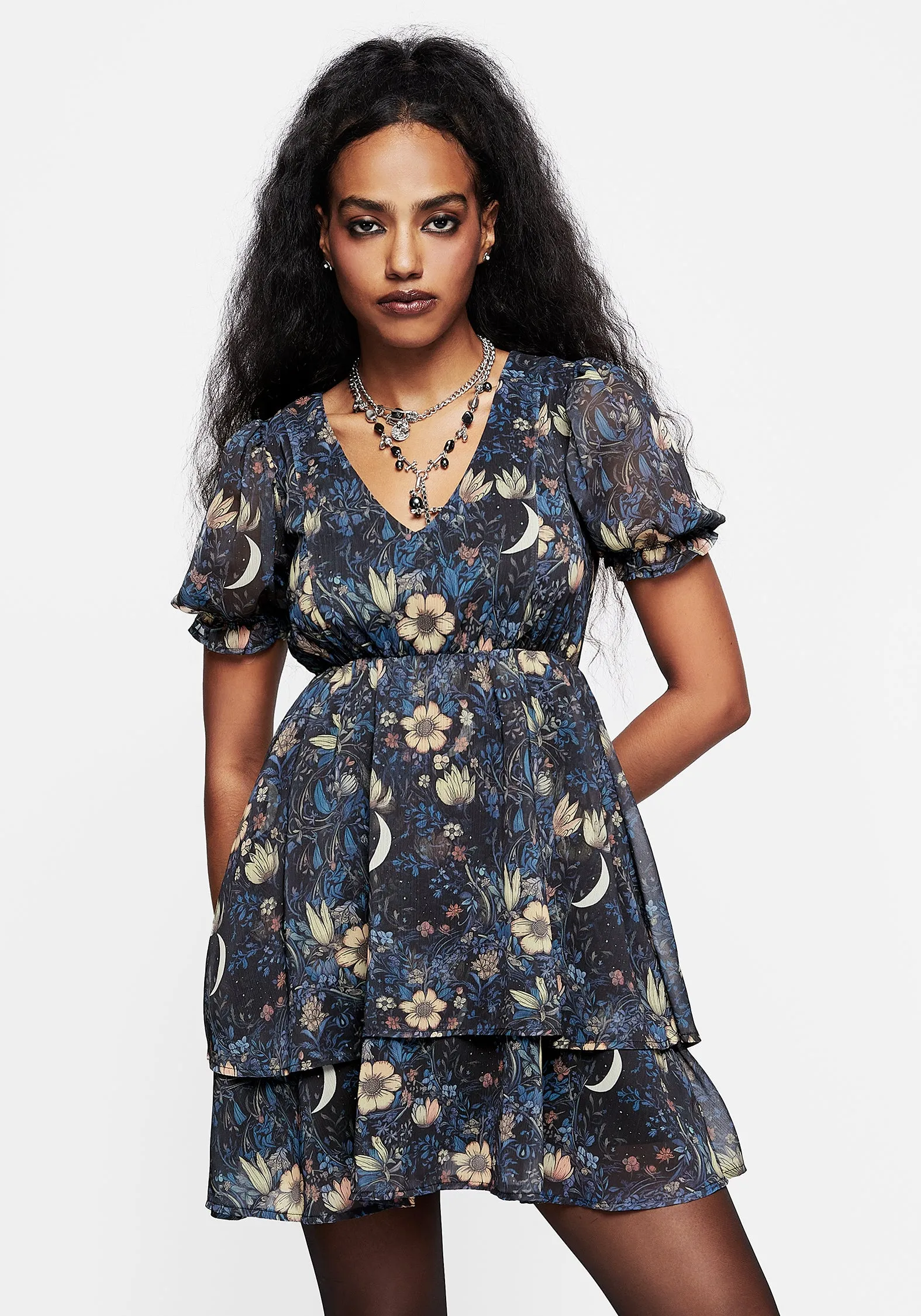 Primrose Floral Chiffon Puff Sleeve Layered Mini Dress Gentle Aesthetic Anti-bacterial