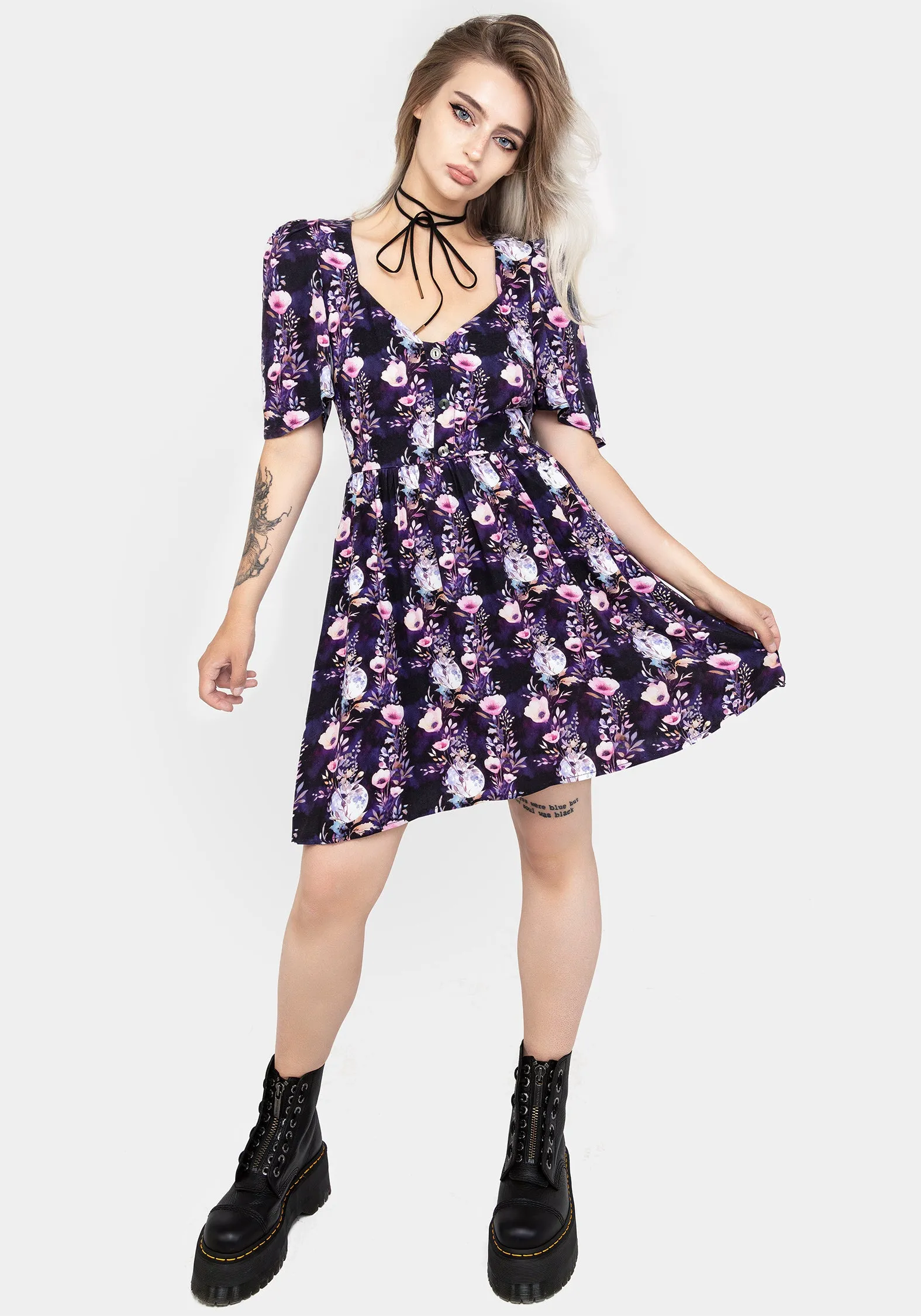 Socordia Floral Moon Button Front Mini Dress Modern Motion Travel Essential