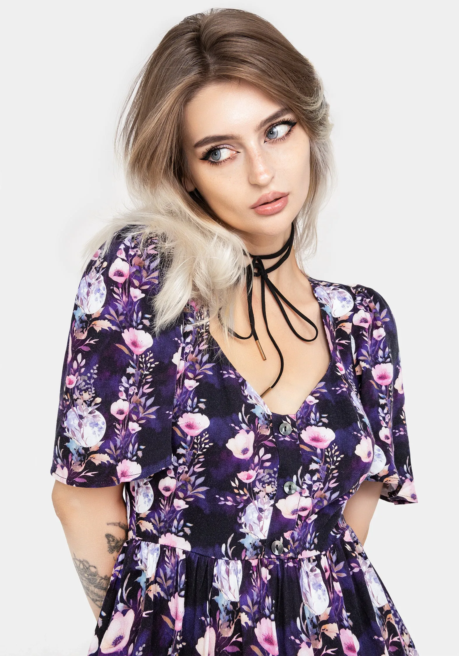 Socordia Floral Moon Button Front Mini Dress relaxed elegance
