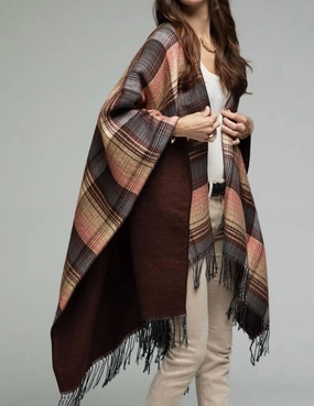 Recycled Yarn Tassel Checked Poncho In Winter Berry