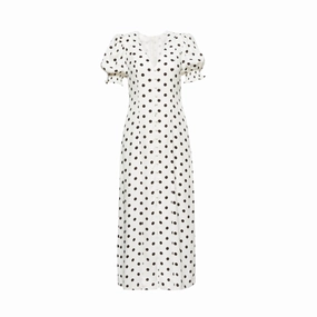 Silky Shape Pleated-Skirt Bella Polka Dot Dress White