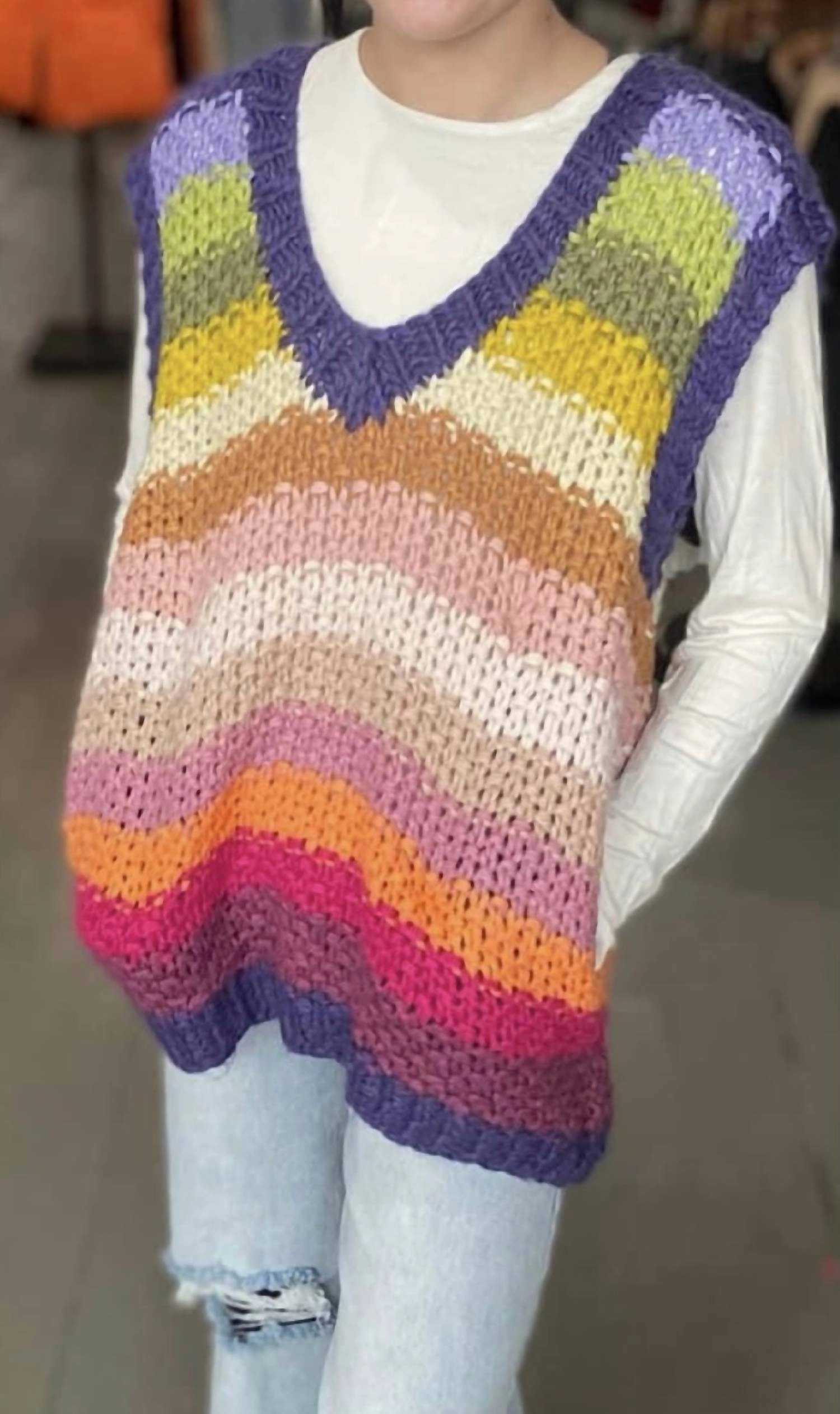 Striped Knit Sweater Vest In Purple Stripe Flexible Ribbed Trim