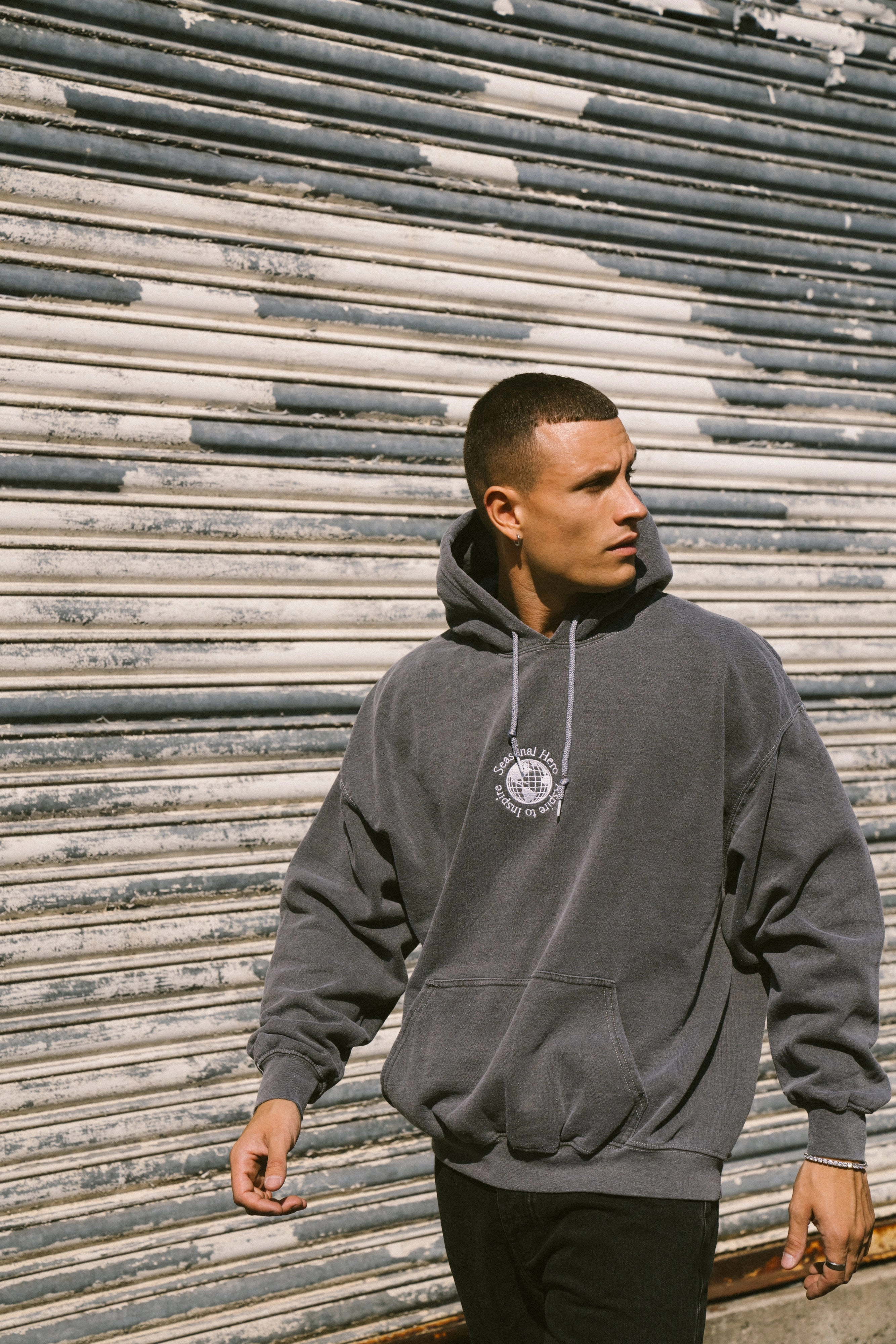 Seasonal Hero 'Aspire' Embroidered Vintage Washed Hoodie - Charcoal Athleisure Look Eland like