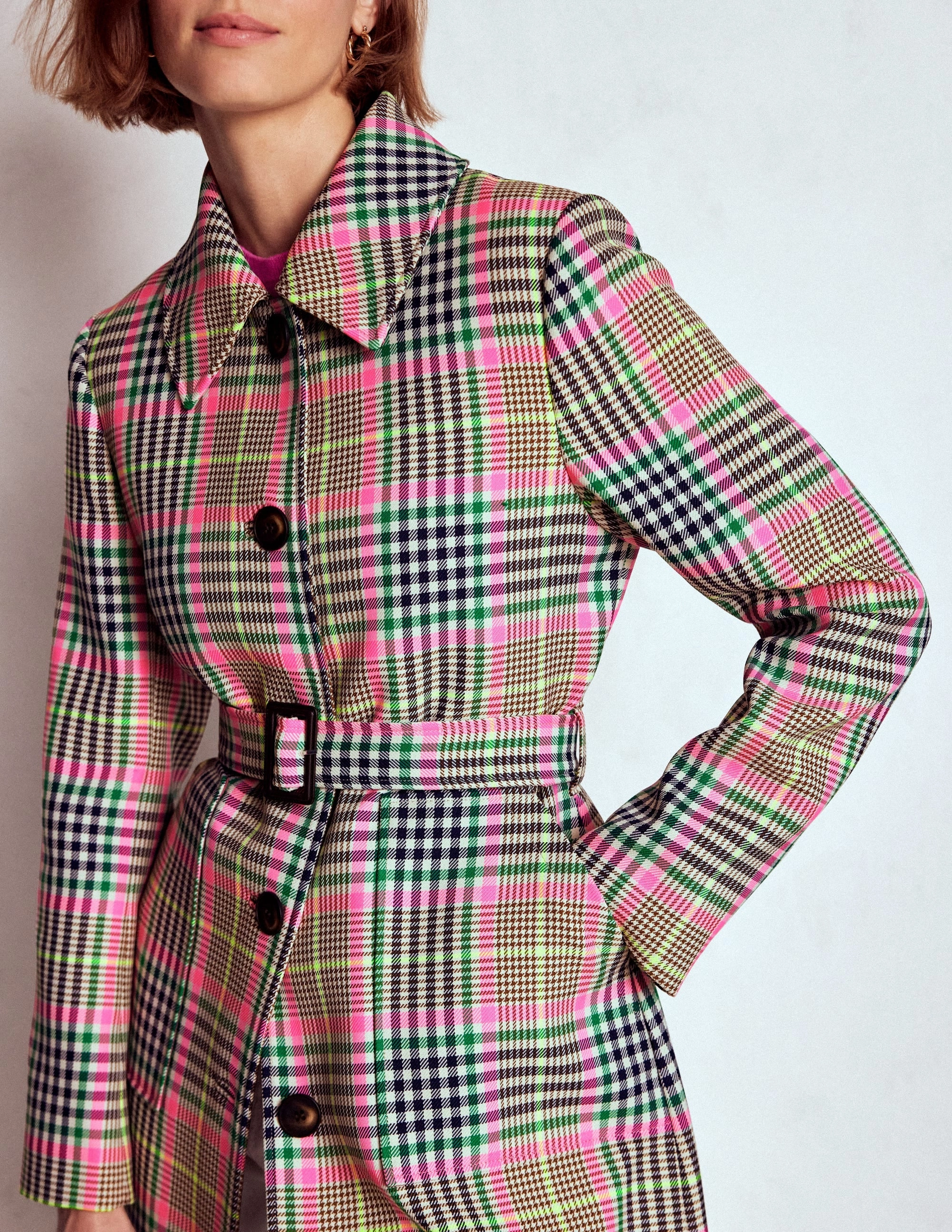 Reflective Trim Evening Out Lancaster Belted Mac-Brown, Neon Pink Check