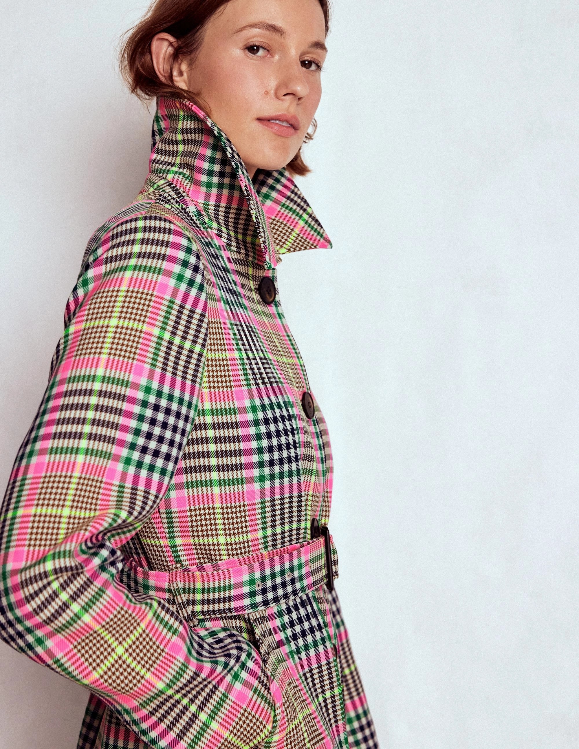 Lancaster Belted Mac-Brown, Neon Pink Check Adjustable drawstring Relaxed Comfort