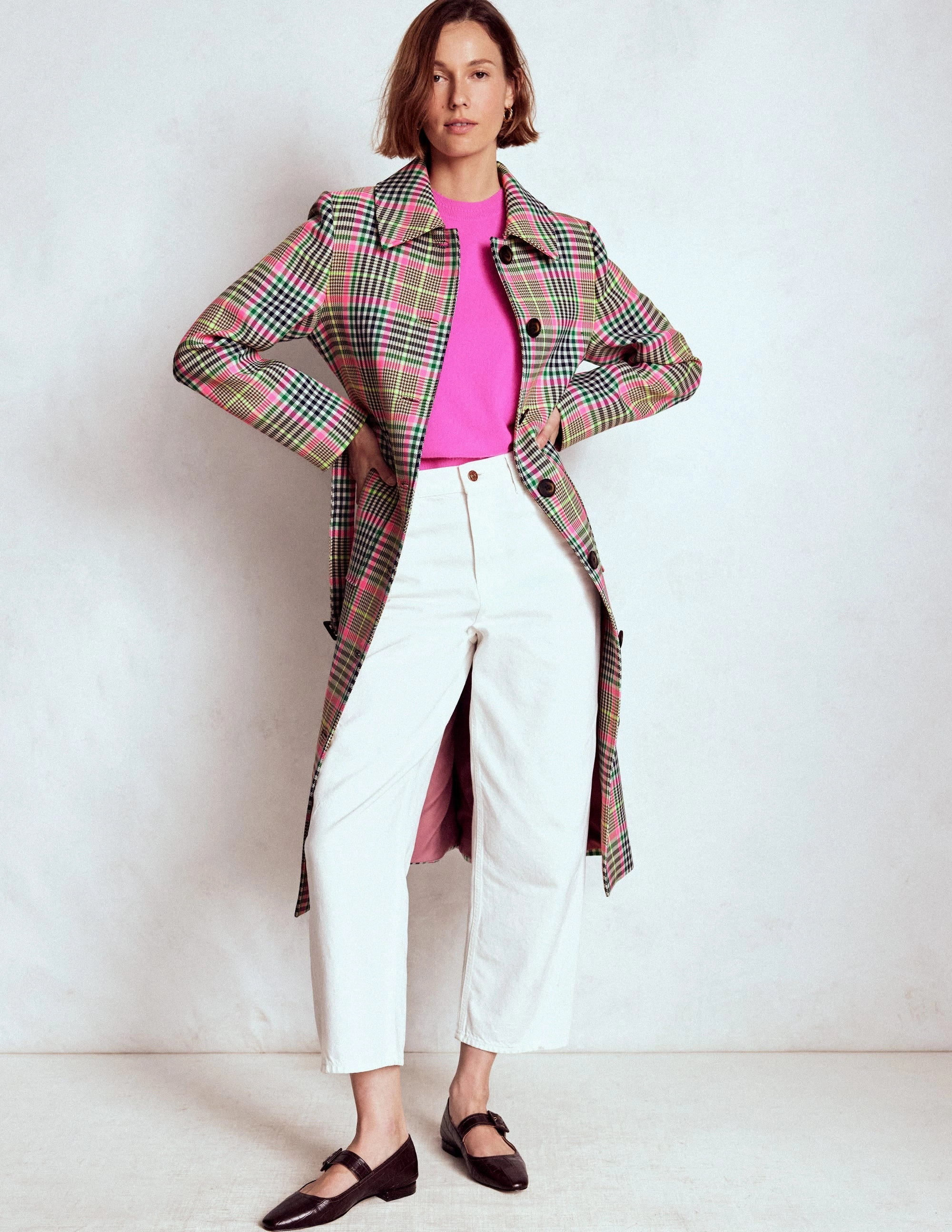 Lancaster Belted Mac-Brown, Neon Pink Check Trail To Town