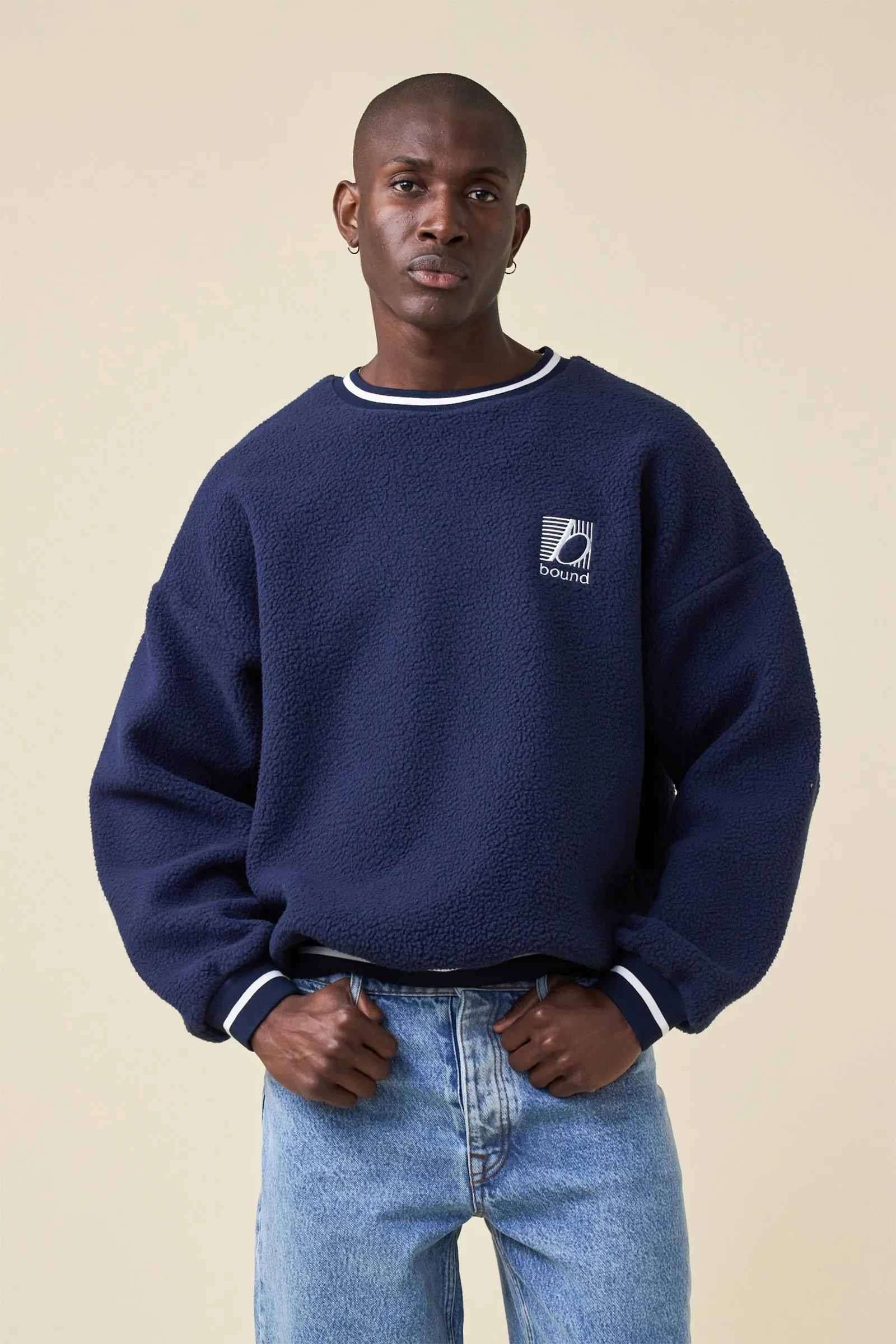 Soft and Stylish bound Reverse Fleece Grid Sweater - Navy