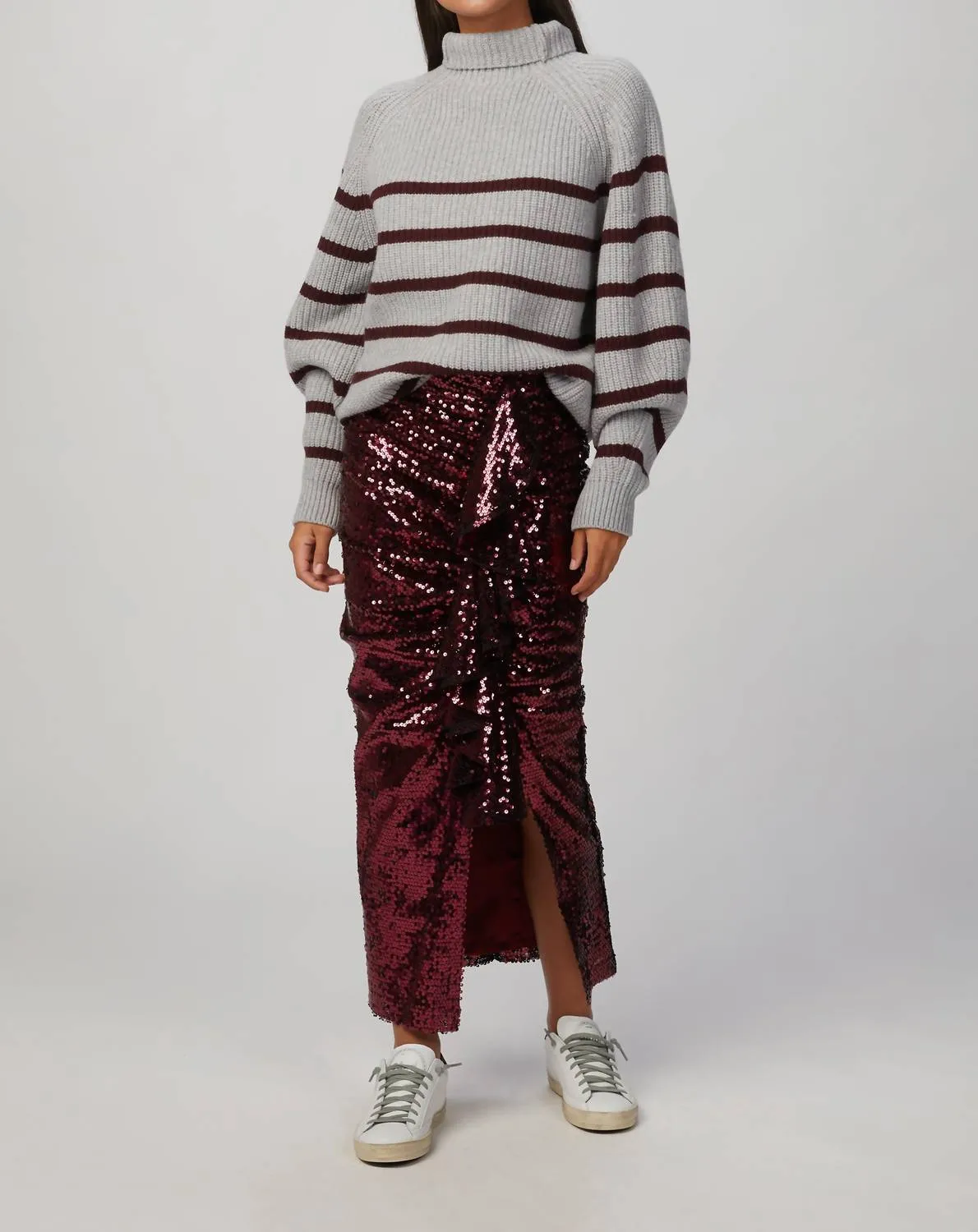 Fiona Striped Sweater In Light Grey/burgundy Cozy Design