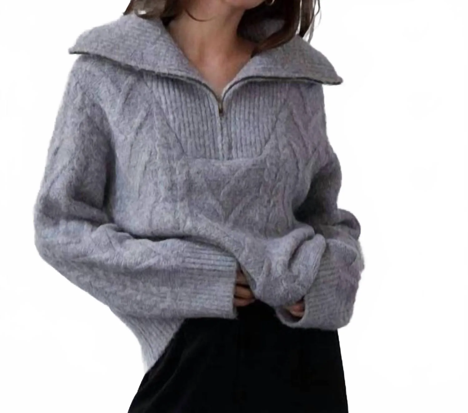 Relaxed Neckline Winter-Ready Fashion Mary-Ann Front Zip Cable Sweater In Grey