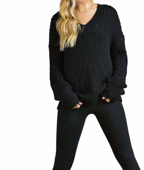 V Neck Textured Sweater In Black Non Pilling Surface Lightweight Thermal