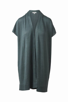 Lightweight Cable Pattern Fray Resistant Edges Long Sleeveless Cardigan In Laurel