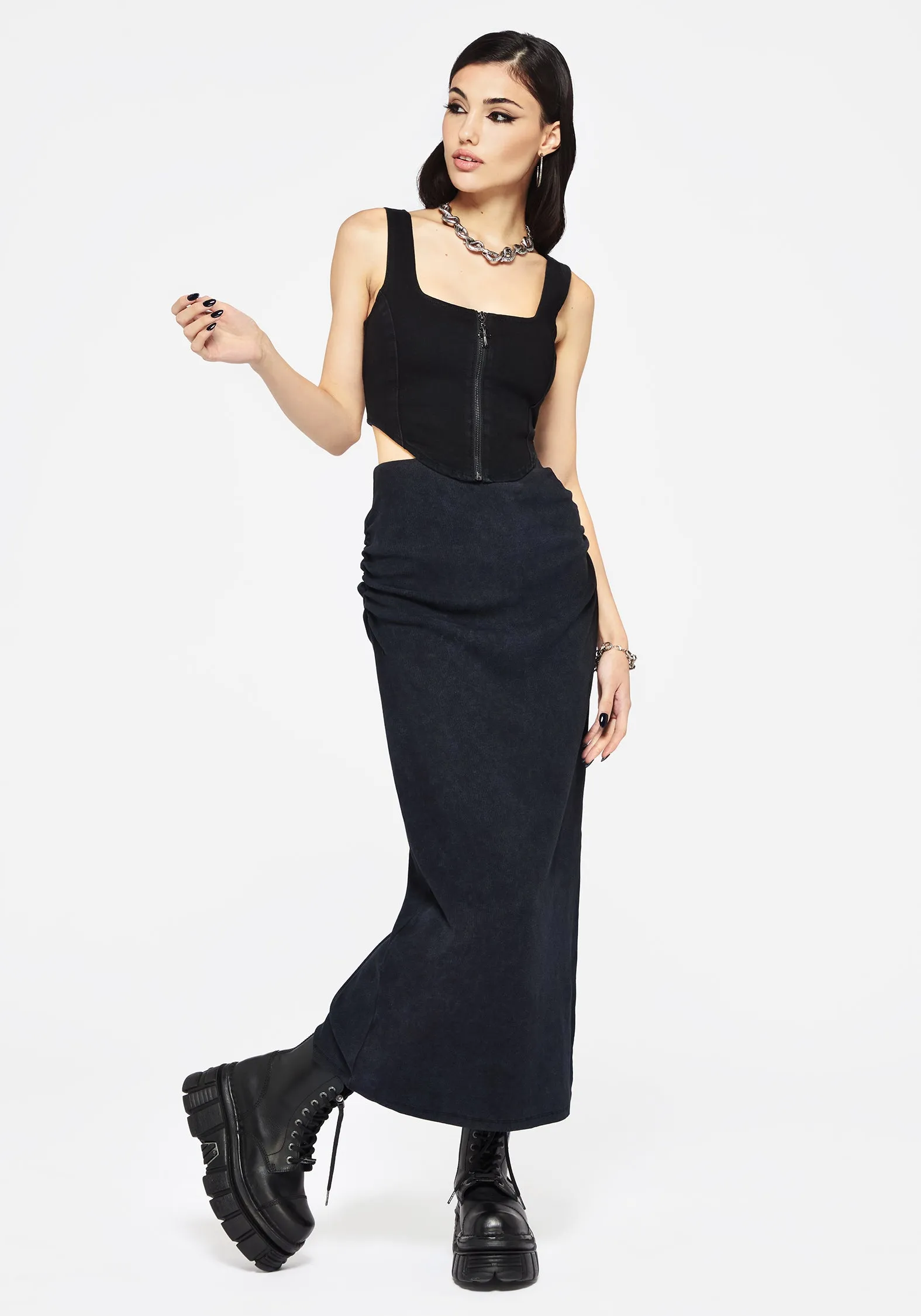 Christina Washed Rib Cotton Maxi Skirt Layered Hem Bold Finish