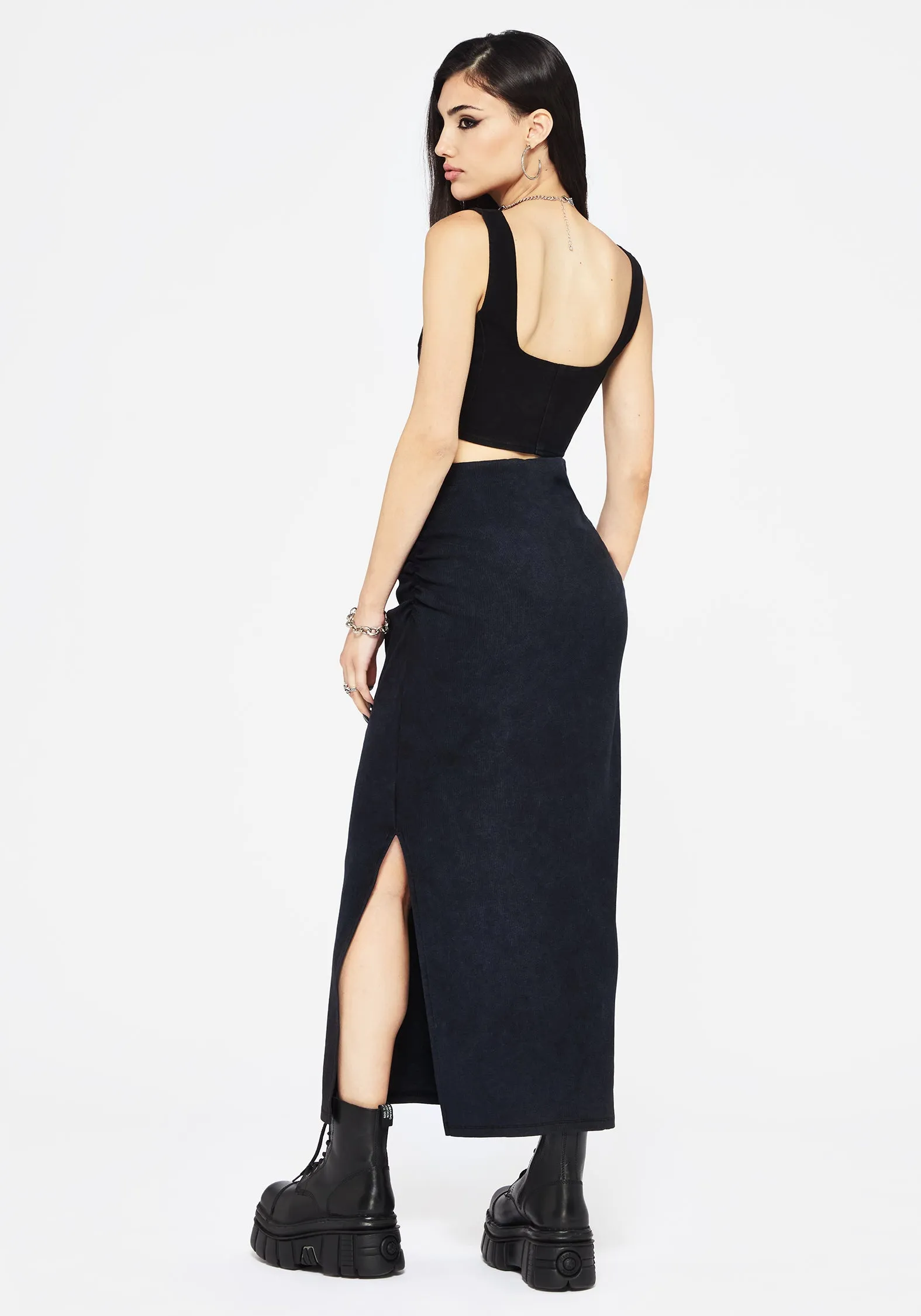Christina Washed Rib Cotton Maxi Skirt Gather Details