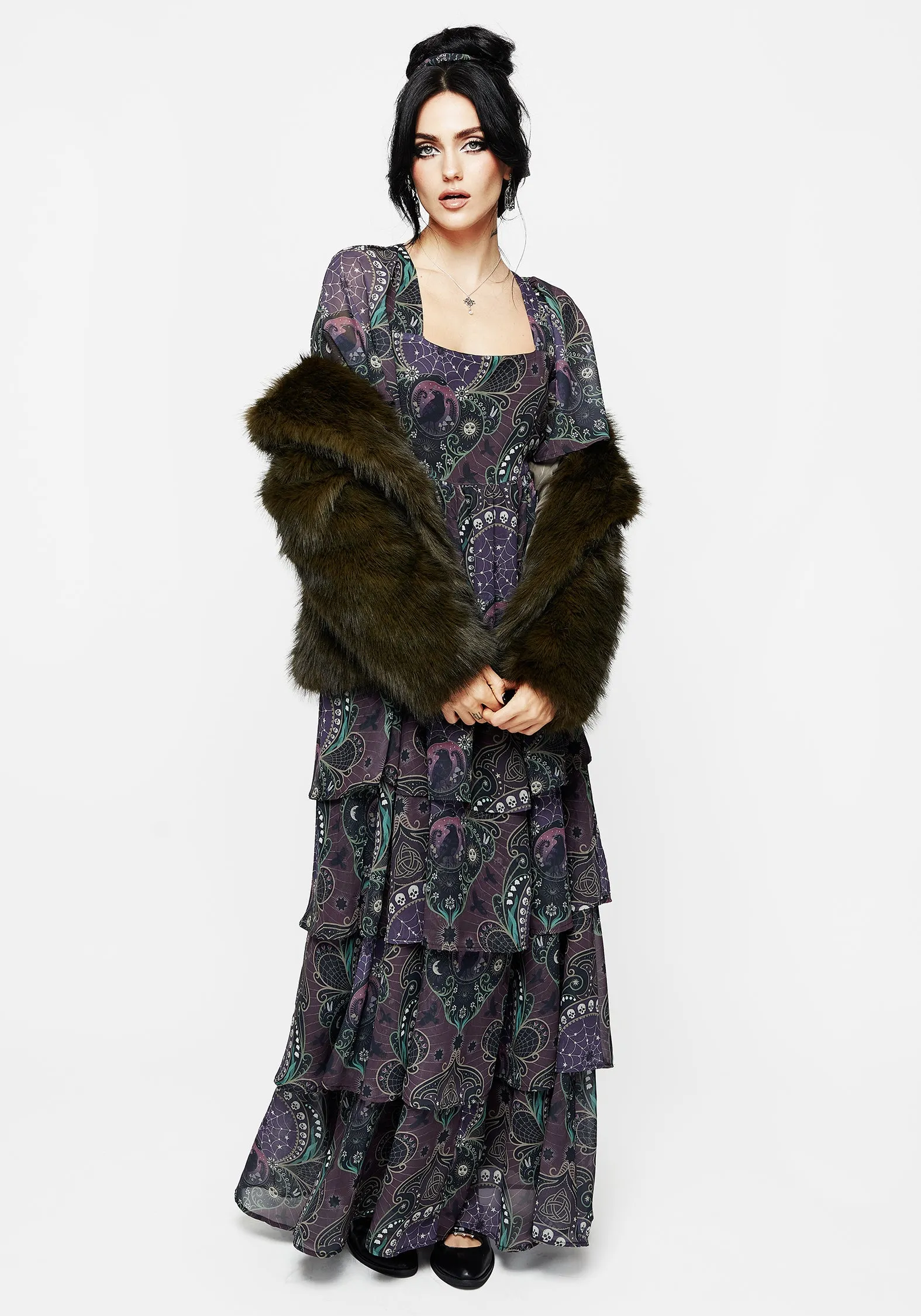 Midi-Length Clarette Chiffon Angel Sleeve Tiered Gown