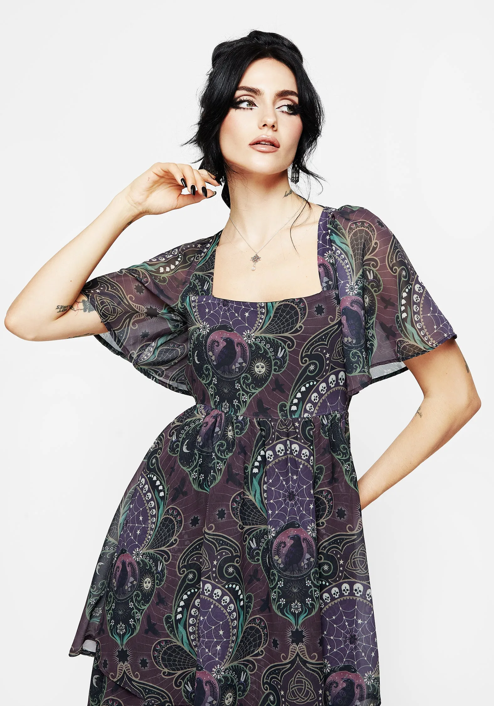 Clarette Chiffon Angel Sleeve Tiered Gown slim cut