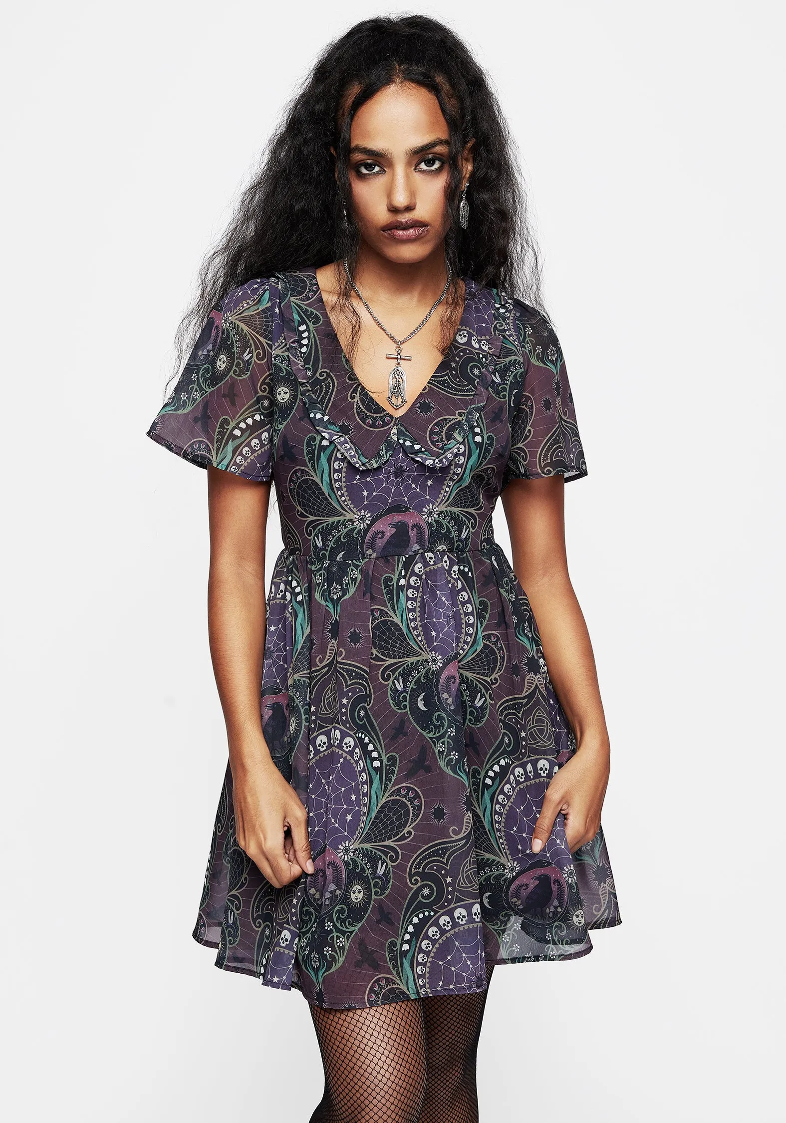 Grab Now Style Option Clarette Chiffon Frill Collar Mini Shirt Dress