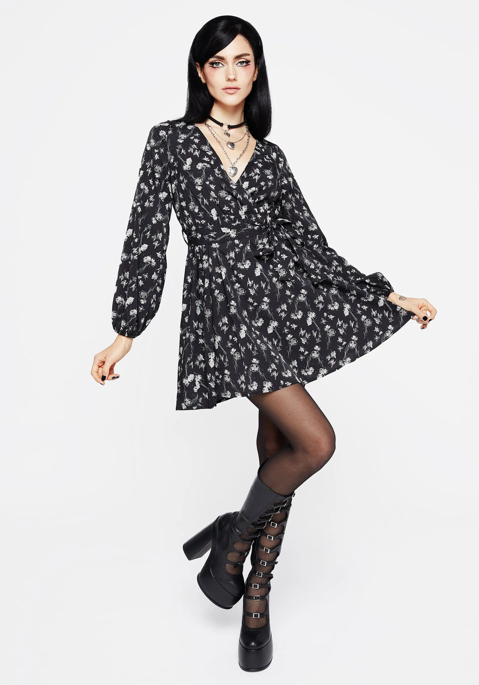 Claricia Long Sleeved Floral Faux Wrap Mini Dress Romantic-Detail Bright Feel