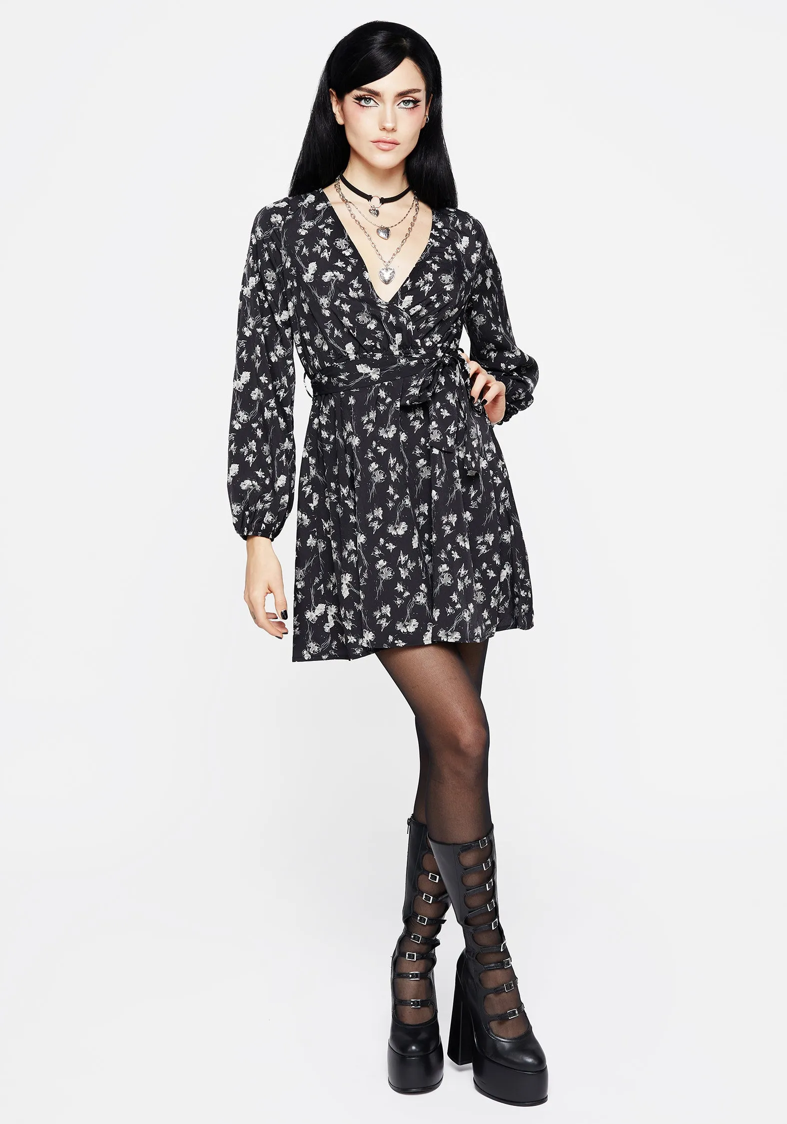 Claricia Long Sleeved Floral Faux Wrap Mini Dress Maternity-Fit