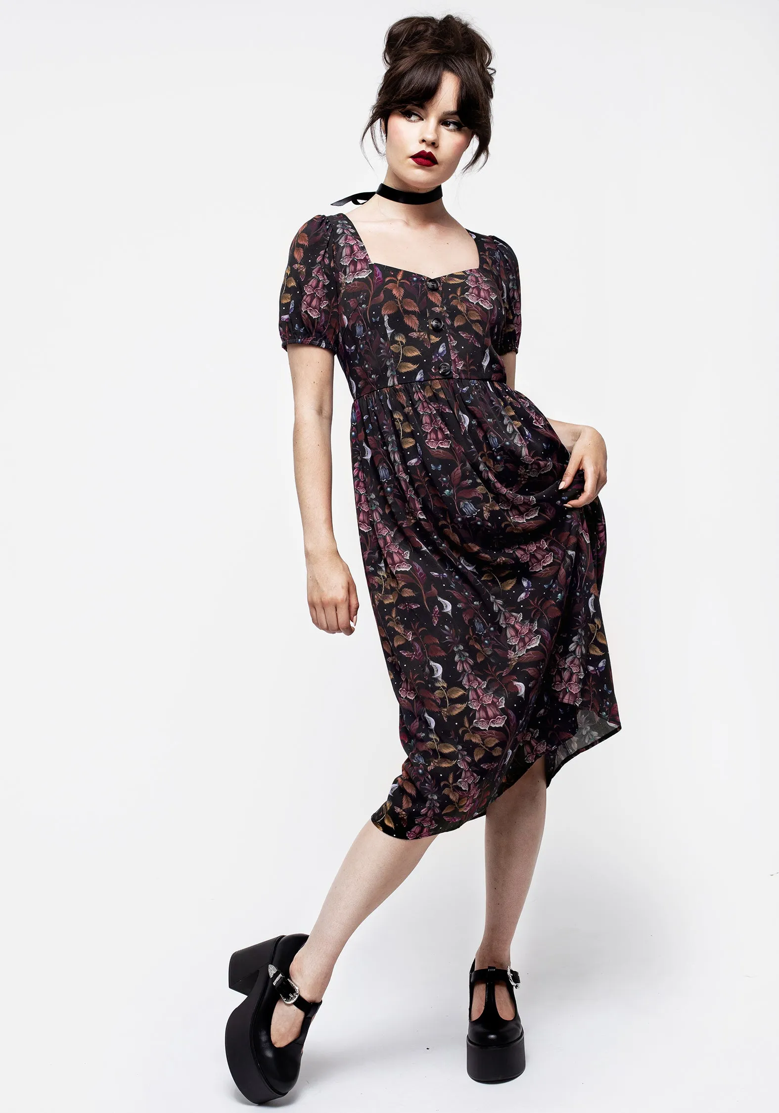 Wide Hemline Foxglove Button Detail Midi Dress