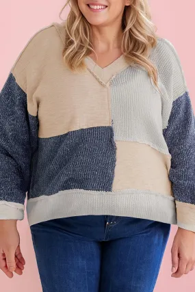 Textured Colorblock Patchwork V-Neck Top - Plus In Ashleigh Blue Cozy Fleece Chilly Weather Knit